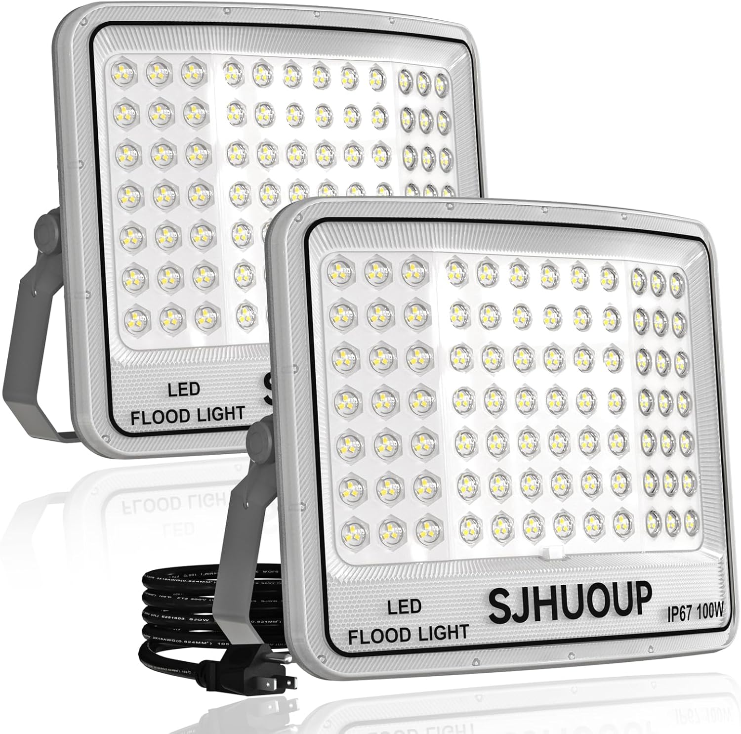 2 Pack 100W LED Flood Light Outdoor, 11000LM Super Bright With Plug, Stadium Lights IP67 Waterproof, 6500K for Garage, Yard, Lawn, Stadium, Garden