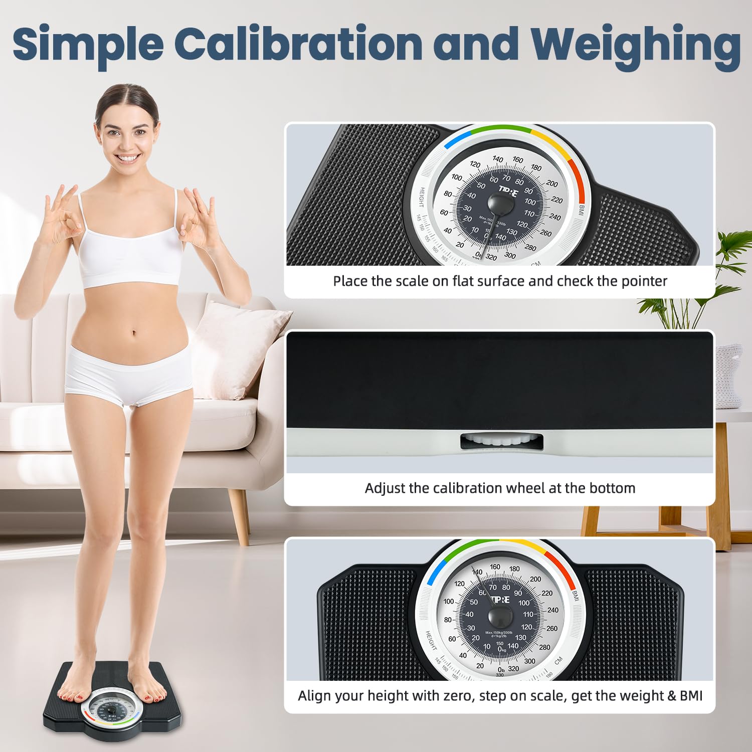 Image illustrating the steps for simple calibration and weighing: placing the scale, adjusting the calibration wheel, and stepping on the scale.
