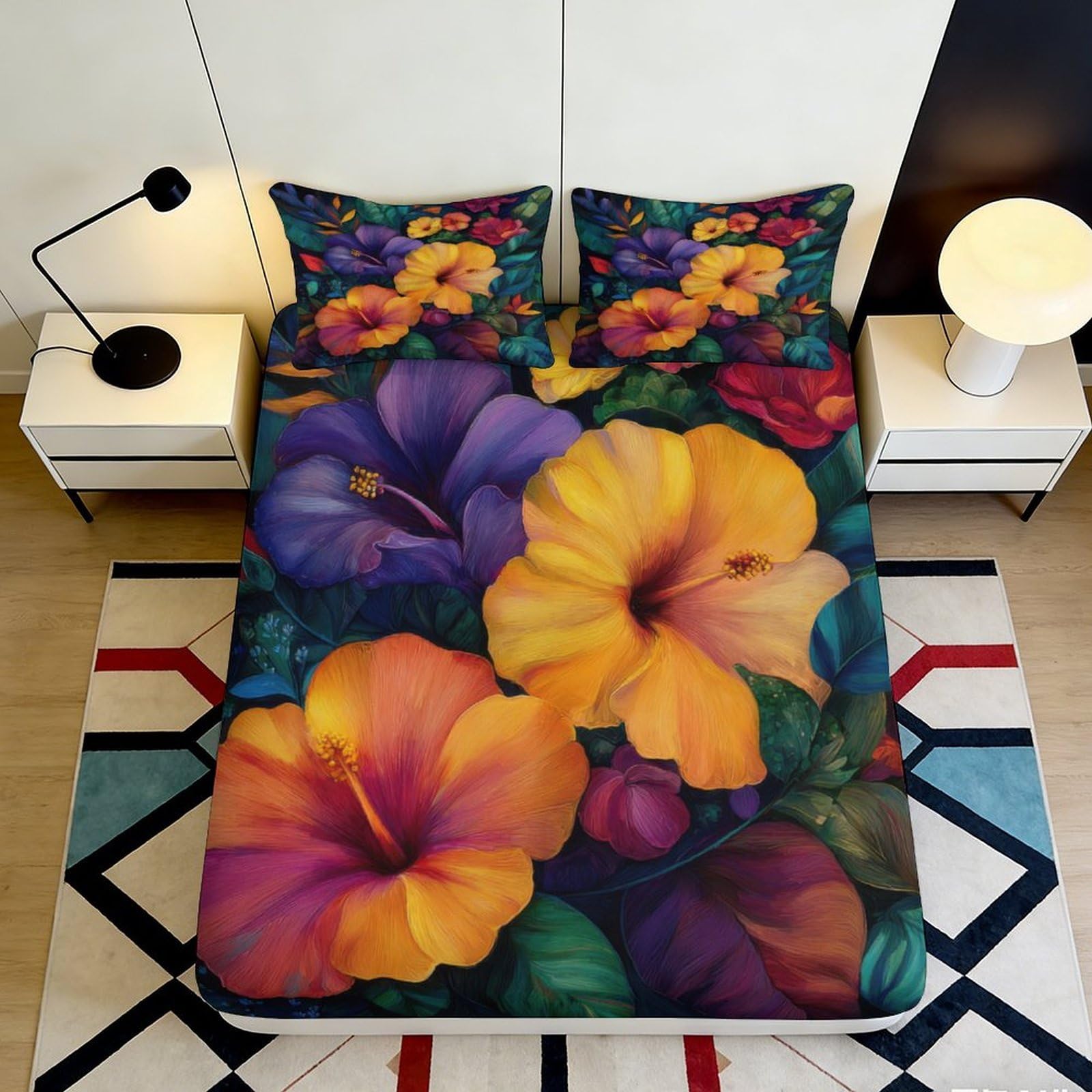 Pnayamiorkfel Style-5 3D Printed Tropical Hibiscus Fitted Sheet Microfiber Vibrant Floral Mattress Cover For Bedroom Guest Room Decor 90X200x25cm