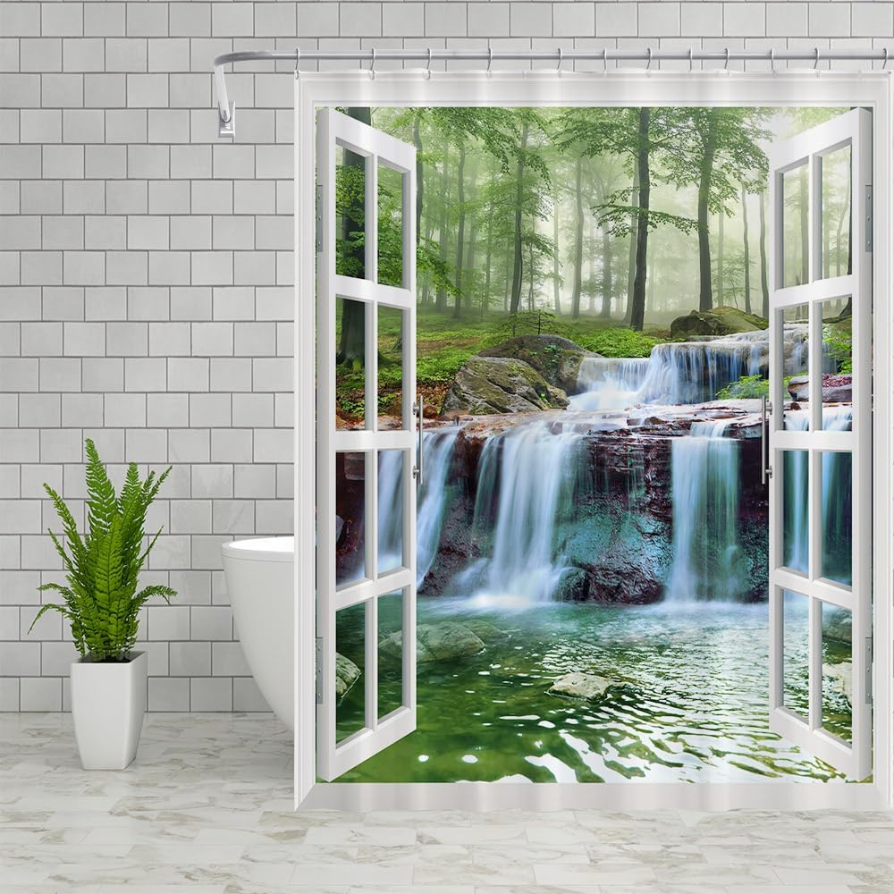 Rideau de Douche Cascades 260 x 200 cm, décor extérieur de fenêtre, forêt Verte ensoleillée, décoration de Salle de Bain, Tissu Polyester, Ensemble de Rideau de Douche avec Crochets