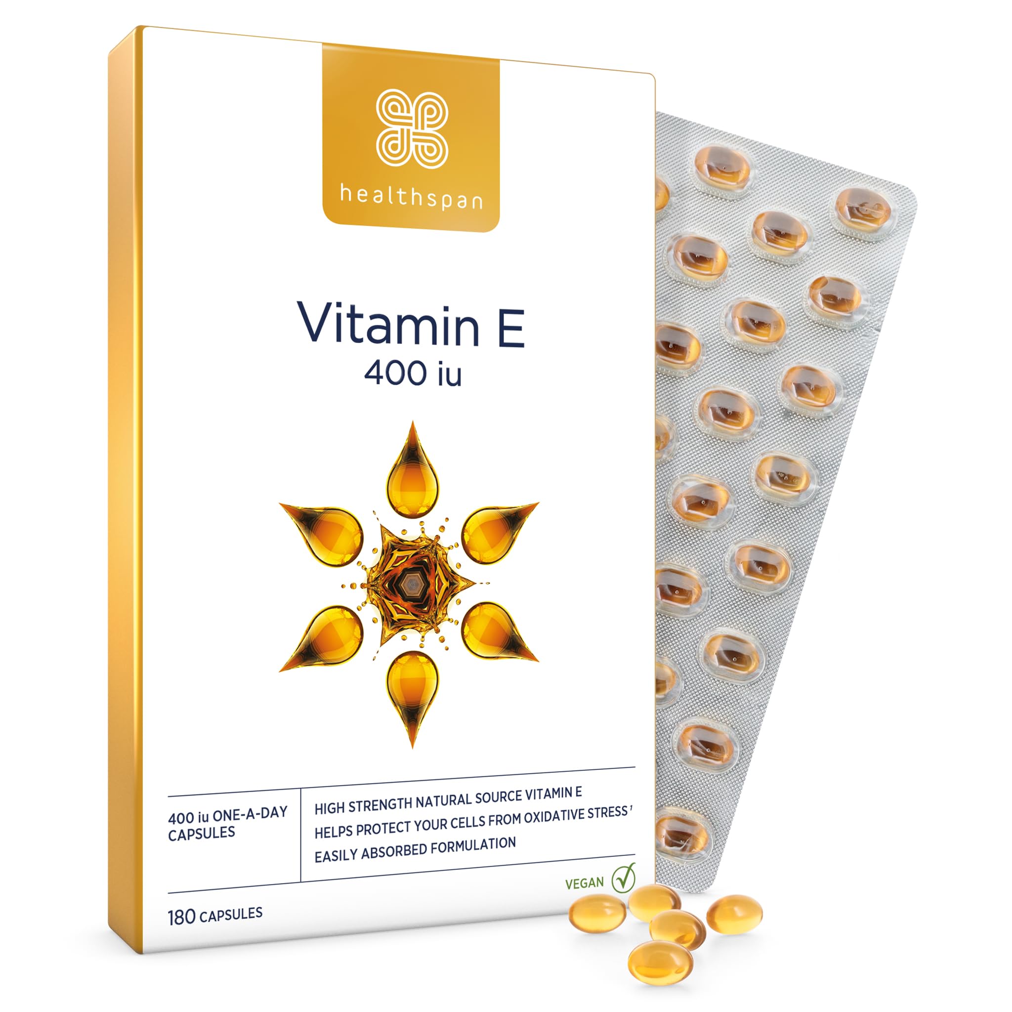 Healthspan Vitamin E 400iu | High Strength Formula to Combat Cell Damage | Sourced from Natural Vegetable Oils for Easy Absorption | Powerful antioxidant Support | Vegan (180 Capsules)