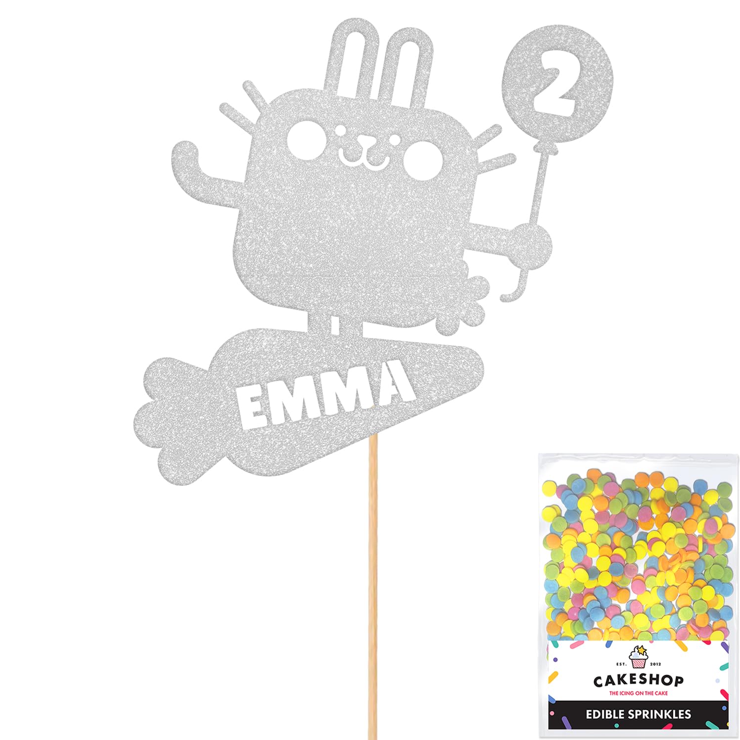 Personalised Pet Bunny Rabbit Glitter Cake Topper Silver Any Custom Age & Name Glitter Cake Decoration and Sprinkles - Happy Birthday Decorations - Personalised Toppers for Cakes by Cakeshop — image 1