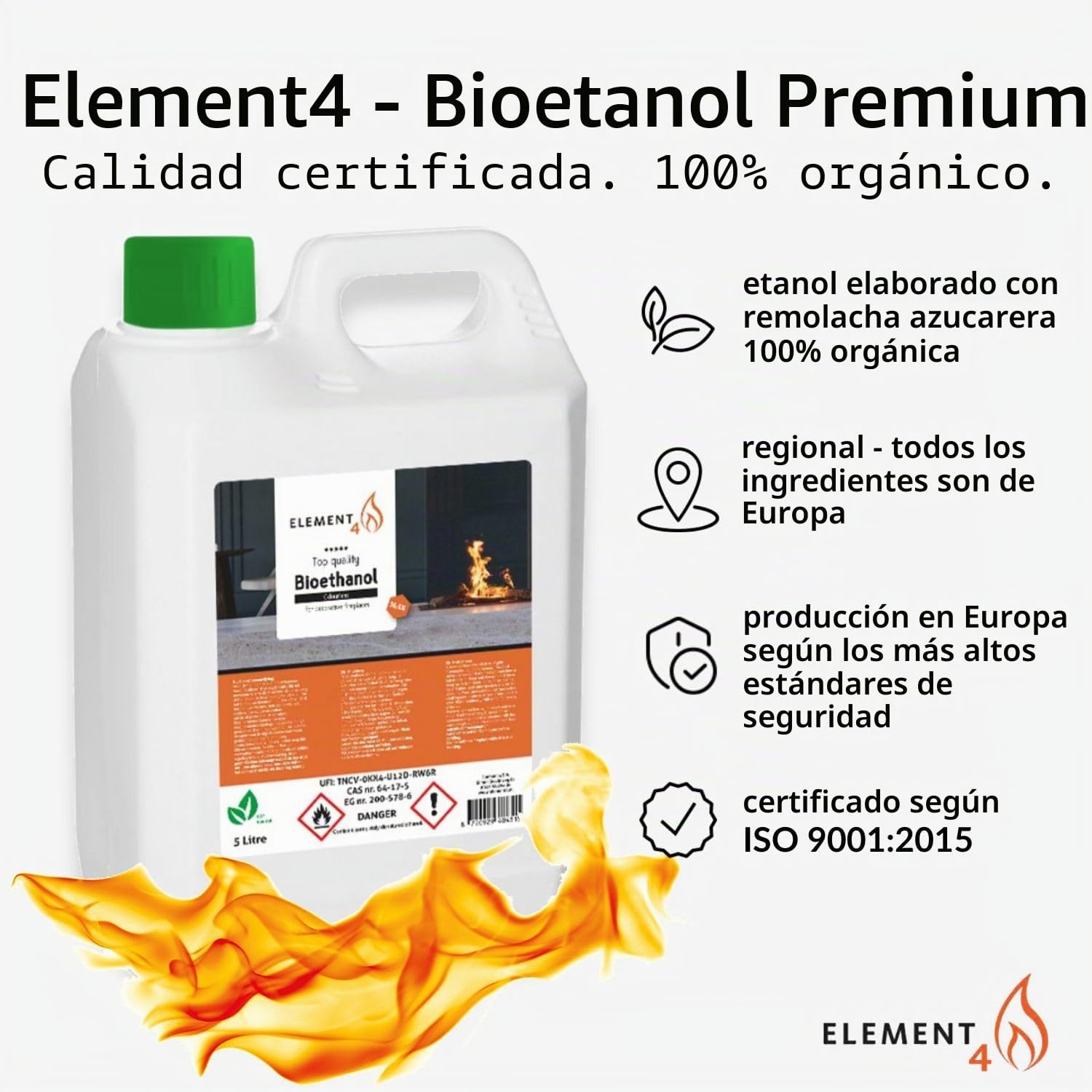 Element4 Bioetanol 10 litros sin olor – Bioetanol Premium 96,6% – Apto para todas las chimeneas de etanol