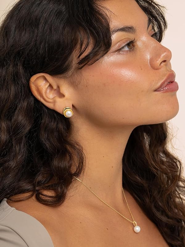 Altitude Boutique AAA Freshwater Pearl Bezel Stud Earrings | 8mm Genuine Cultured Pearls with 14K Gold-Plated or Rhodium-Plated | Hypoallergenic Stainless Steel Ear Posts | Minimalist Everyday Jewelry for Women (Gold, Large Bezel) by Altitude Boutique - Image 2