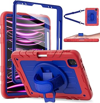 iPad Pro 11 inch Case 4th/3rd/2nd/1st Gen 2022/2021/2020/2018, Heavy-Duty Rotating Stand Protective Cover + Pencil Holder, with Hand Strap/Shoulder Straps Case for iPad Pro 11-inch, Red+Blue