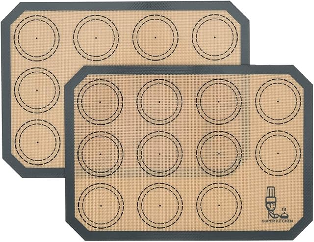 SUPER KITCHEN Silicone Baking Mats Macaron Cookie Sheet - Set of 2, Non Stick Oven Tray Liners for Macaroons/Cake/Bread Making, Table Placemat (Grey, 30x21cm)