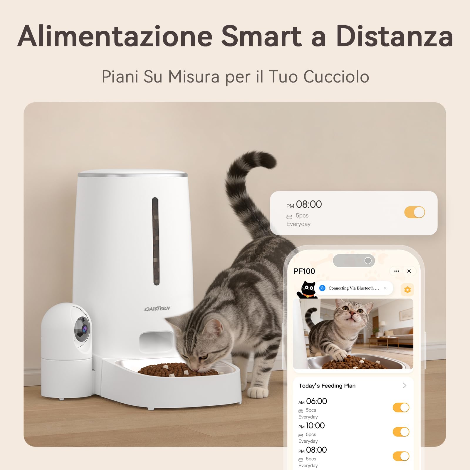 Distributore Automatico Cibo WiFi per Gatti e Cani con Telecamera HD 1080P, Dispenser Crocchette con Camera Rimovibile, Visione Notturna, Supporto 2,4G/5G, AI Funzione, Tuya App