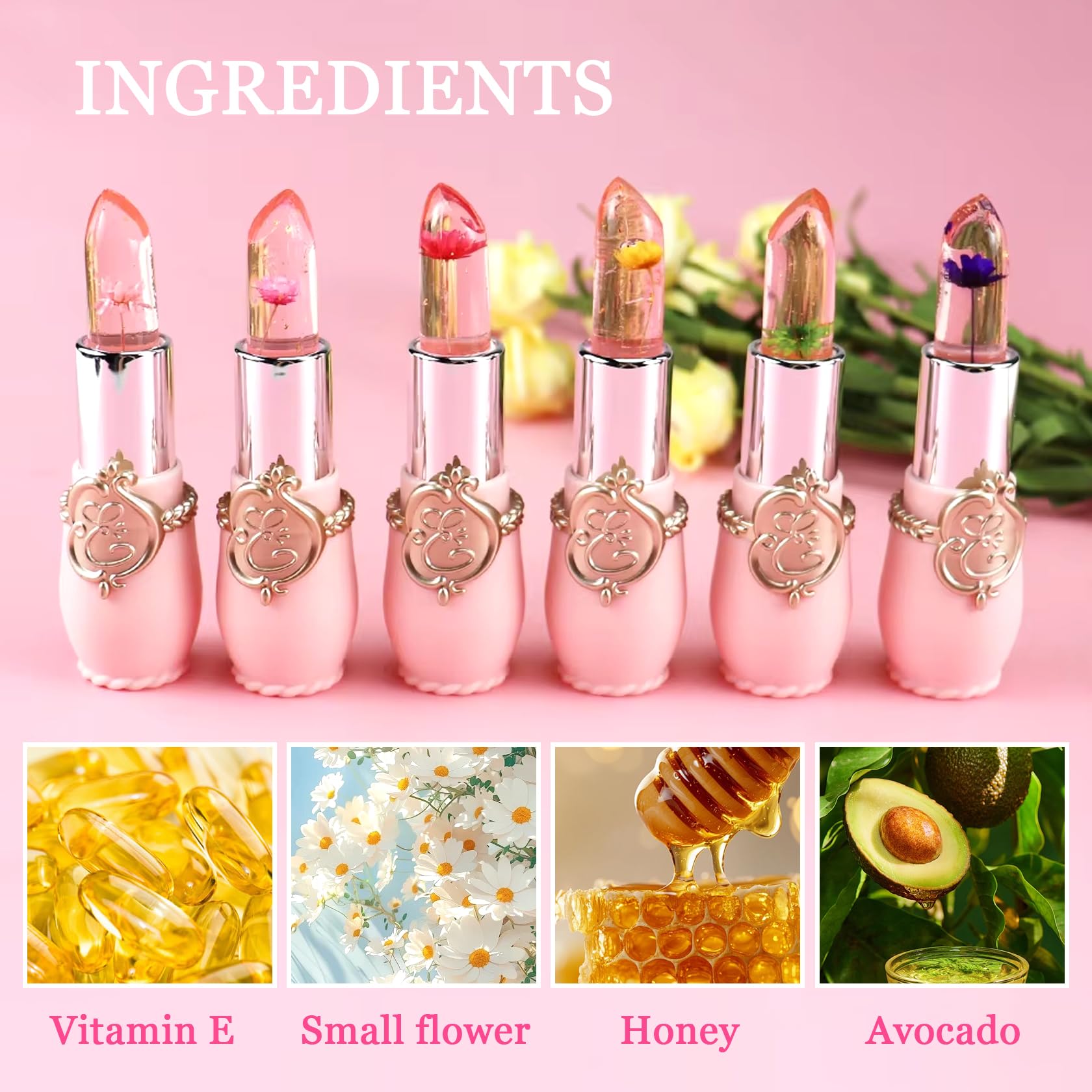 Juego de 6 lápices labiales de gelatina de flores de cristal, juego de brillo de labios hidratante que cambia de color, juego de regalo hidratante de manchas de labios mágico, juego de regalo de 4