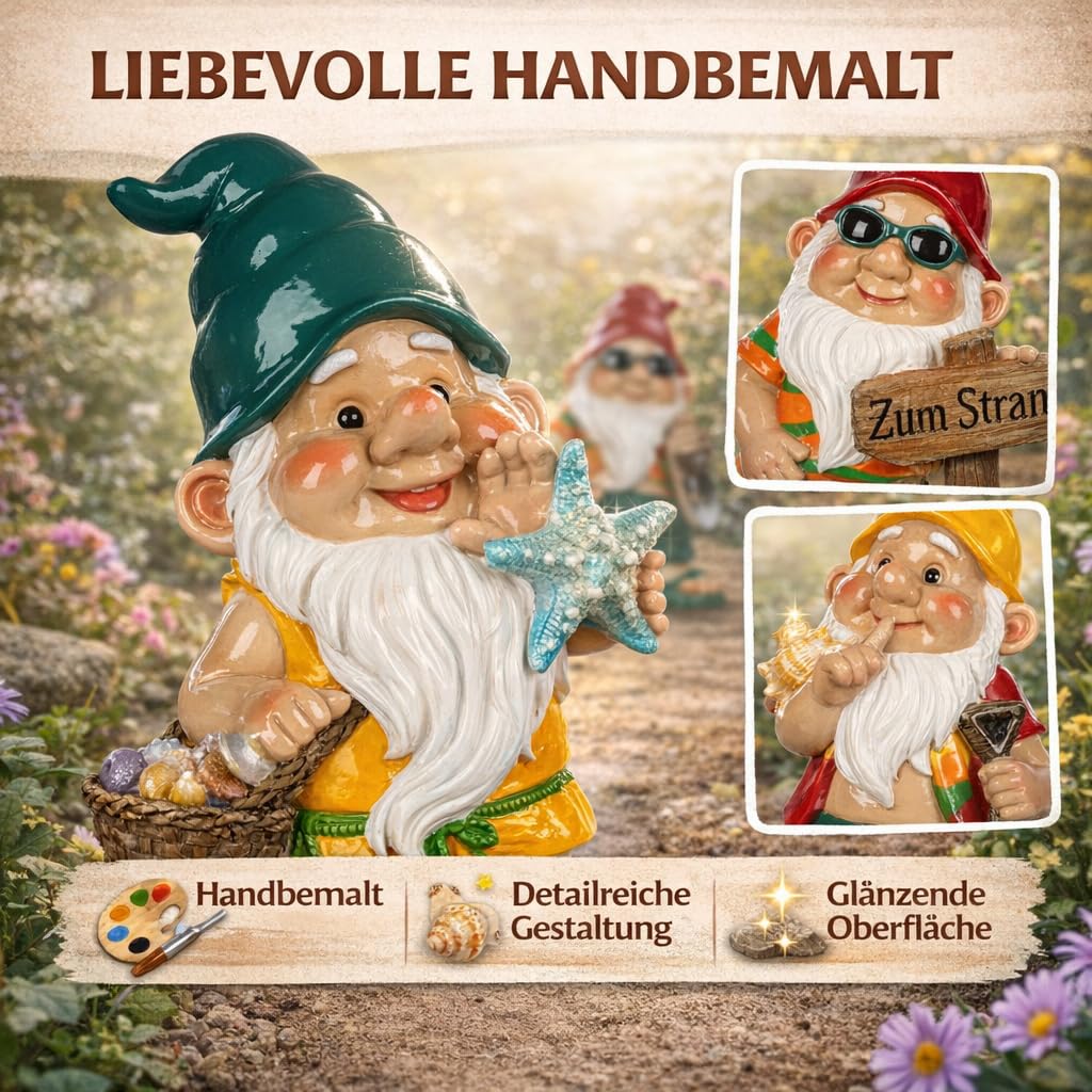 formano 3er Set Gartenzwerge lustige Gartendeko Figuren aus Kunststein handbemalt 26 cm Gartenfiguren mit glänzender Oberfläche für Garten Terrasse Balkon, dekorative Outdoor Zwerge