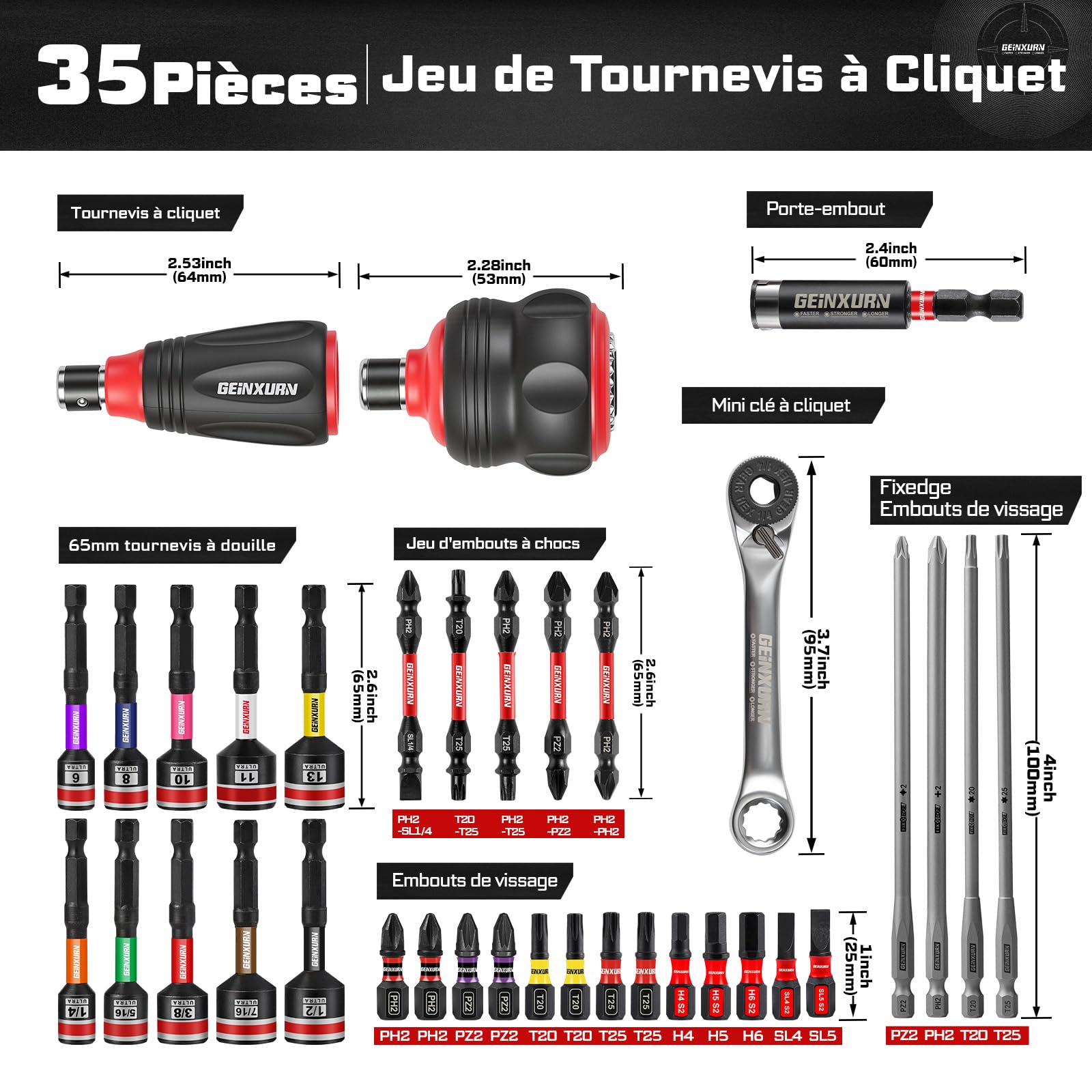 GEINXURN Set de 35 Tournevis à Cliquet Court Douille Magnétique Hexagonale Mini Cliquet Double Extrémité Multi-Embouts Magnétiques (PH/PZ/Torx/Hex) et Porte-Embout pour Réparation
