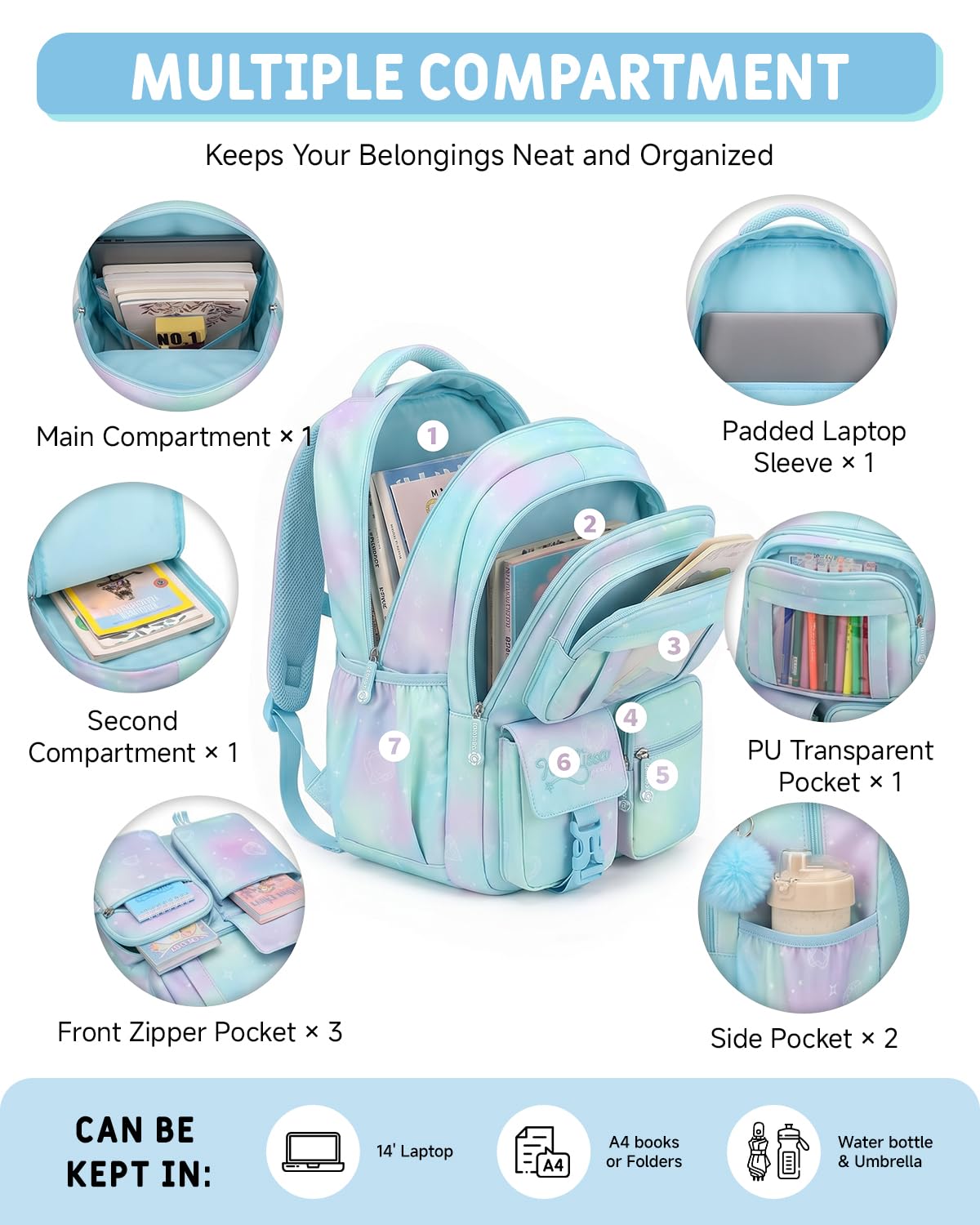 Tanou Schultasche Mädchen Rucksack Schule Mädchen der 1. bis 4. Klasse | Schulrucksack für Mädchen Atmungsaktiv, Wasserabweisender Nylon Kinder Schulranzen, Blau