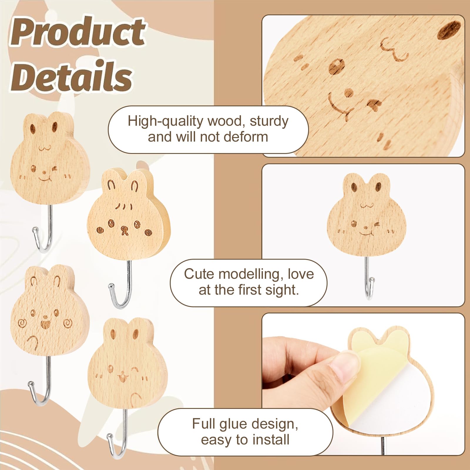 MOROBOR Ganci Da Parete In Legno A Forma Di Coniglio | 4 Pezzi Autoadesivi | Per Cameretta E Cucina