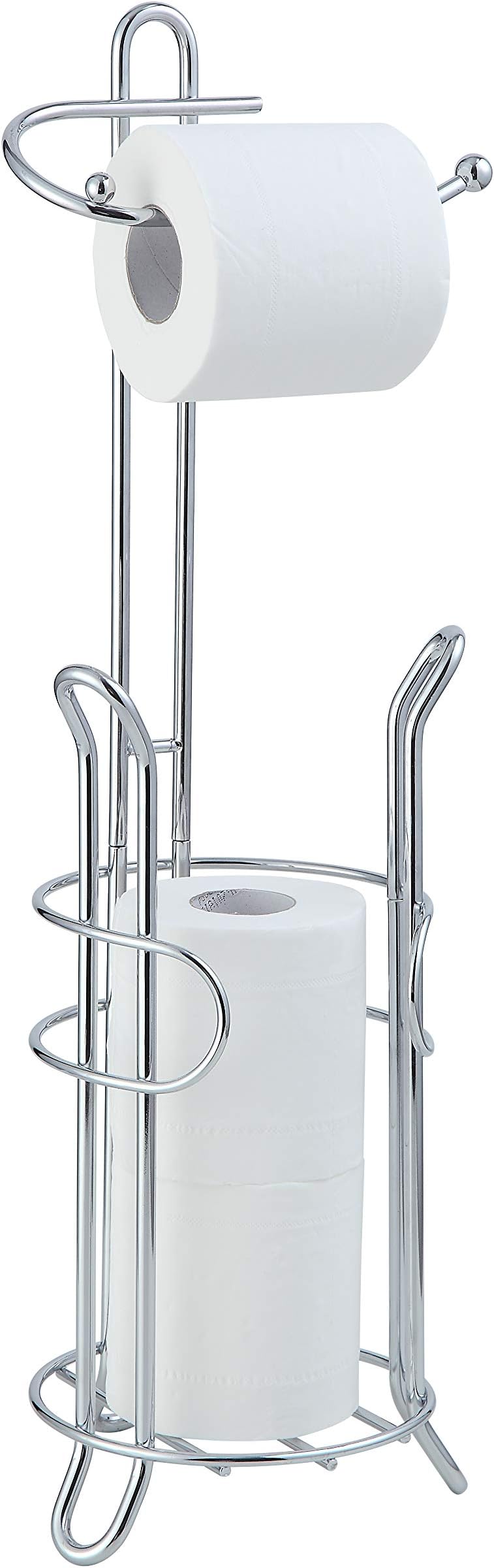 Freestanding Toilet Paper Holder with Storage – Holds 3 Spare Rolls, Heavy-Duty Steel, Chrome Finish, Easy Assembly, Space-Saving Bathroom Organizer