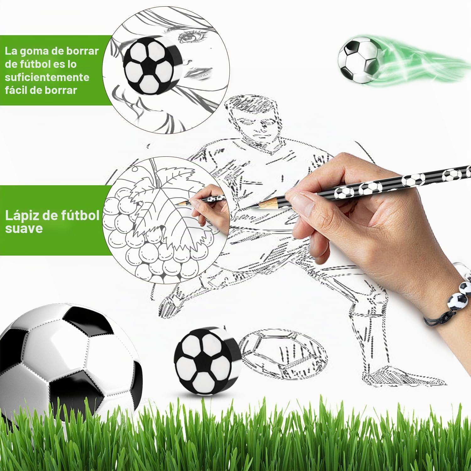 Juego de 36 obsequios de fútbol, 12 lápices, 12 gomas de borrar, 12 pulseras, regalos para la escuela, temas de fútbol, cumpleaños infantiles