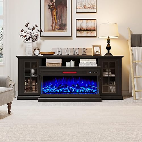 Miniatura 33 de Soporte de TV con chimenea eléctrica de vidrio de 3 lados, centro de entretenimiento multimedia de 59 pulgadas con gabinete de almacenamiento de