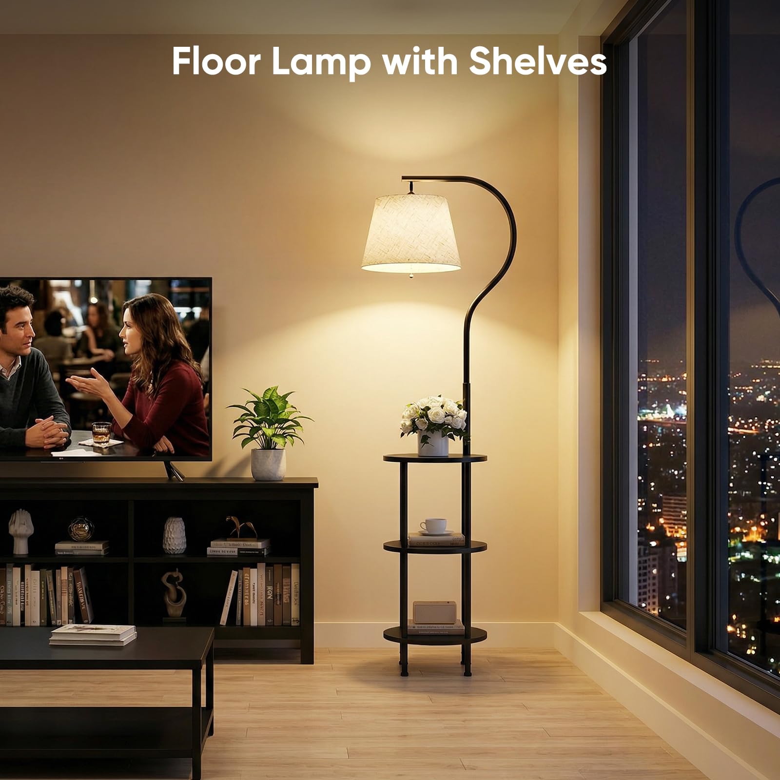 Stehlampe Wohnzimmer mit Ablage, LED Stehlampe, 3 Holzregale | 155 cm Stehlampe mit 3 Holzablagen, 3 Farbtemperaturen, 350° drehbar, E27, für Wohnzimmer, Schlafzimmer & Arbeitszimmer