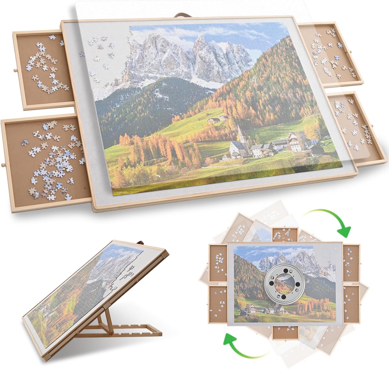 Puzzle Board, 1500 Piece 2in1rorating&Tilting Puzzle Board Table with 4 Upgrade Magnetic Drawers and Cover, Wooden Jigsaw Puzzle Table with Lazy Susan,34.78 "x 26.88" Puzzle Plateau for Adults