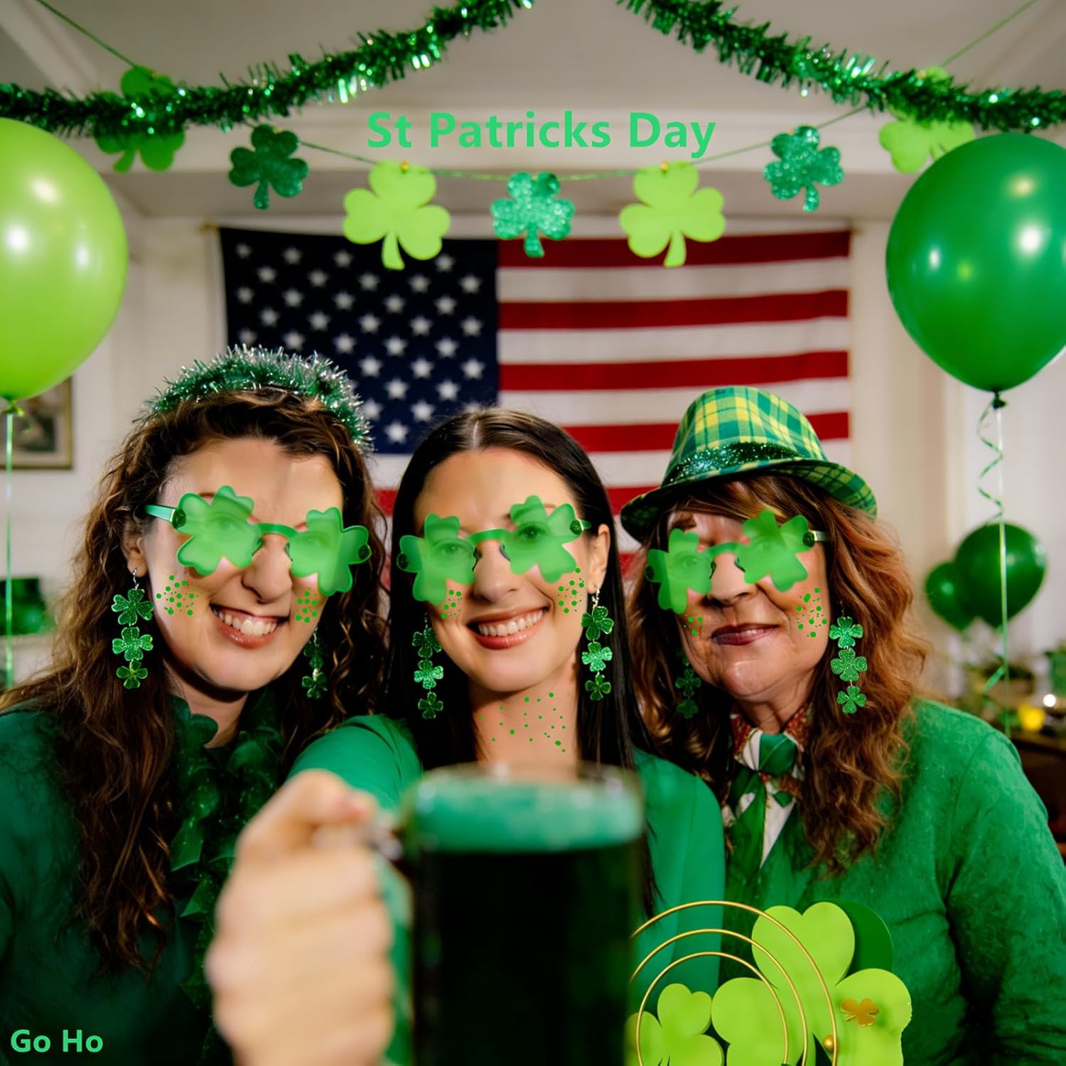 Go Ho St Patricks Day Earrings for Women,Green Face Body Glitter Gel and Four-Leaf Clover Green Sunglasses Set,St. Patrick's Day Accessories Shirt Outfit Decorations Supplies - Image 2