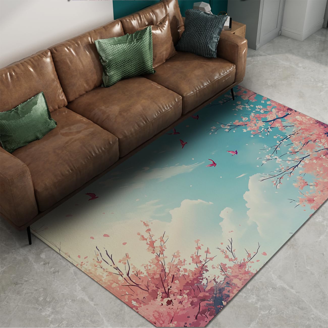Tapis de cerisiers roses 90x150cm lavable à poils bas pour salon et balcon