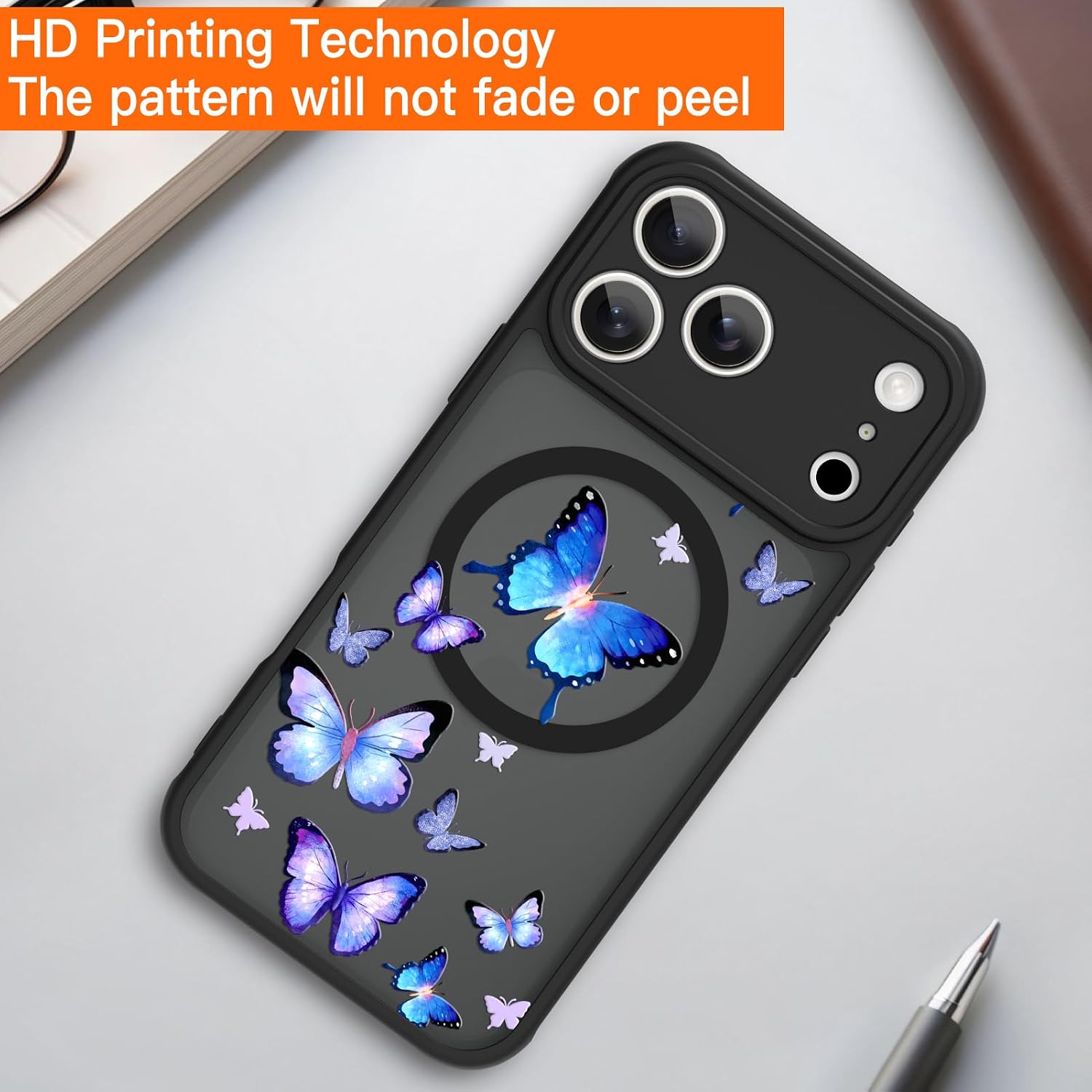 Magnetic Case for iPhone 17 Pro Max, Cute Blue Purple Butterfly Pattern [Compatible with MagSafe] Full Camera Protection TPU and PC Translucent Shockproof Phone Cover for Women Girl