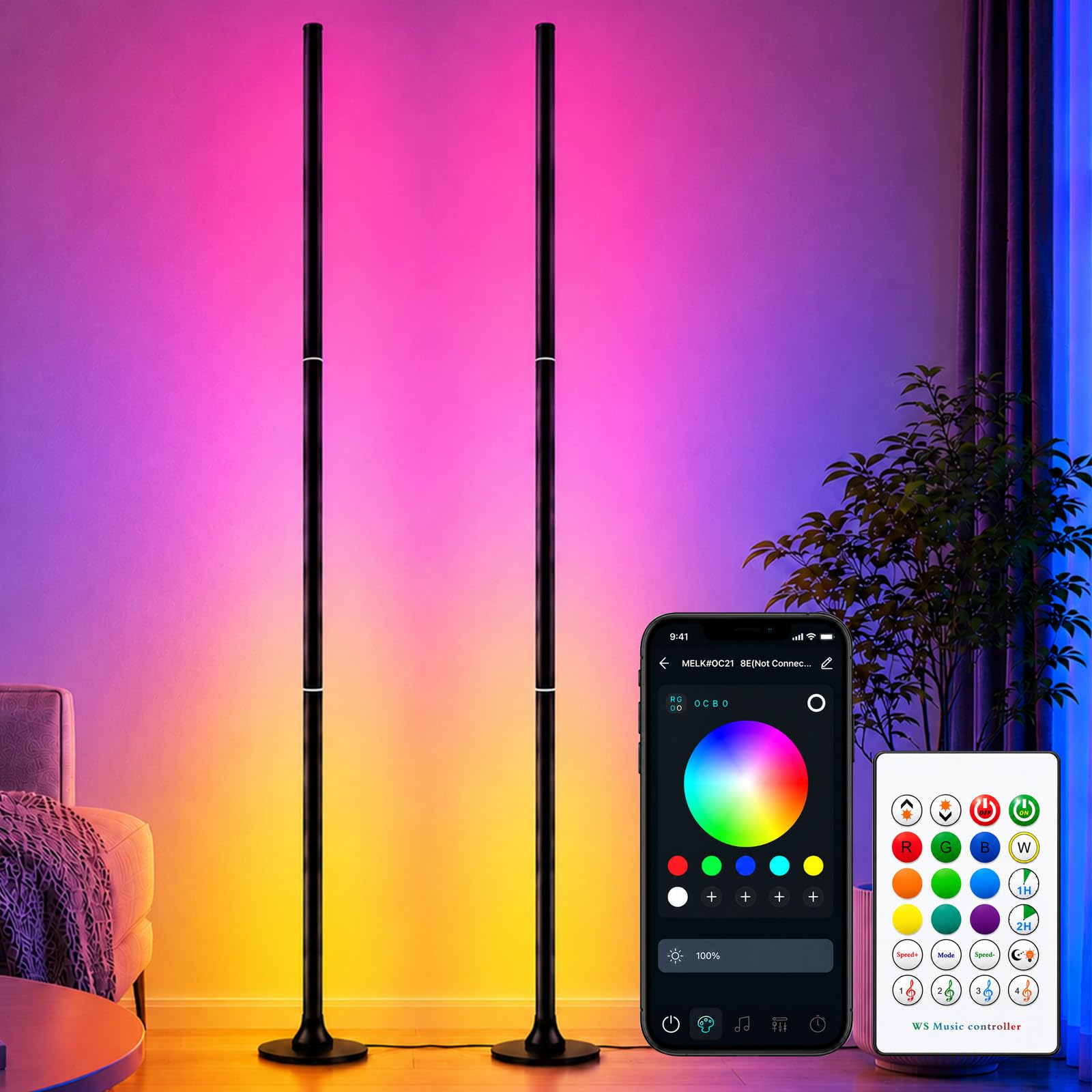 Lámpara de pie RGB para salón, 120 cm, juego de 2 lámparas de esquina regulables con aplicación inteligente y mando a distancia, lámpara de pie LED DIY con 16 millones de colores, sincronización de