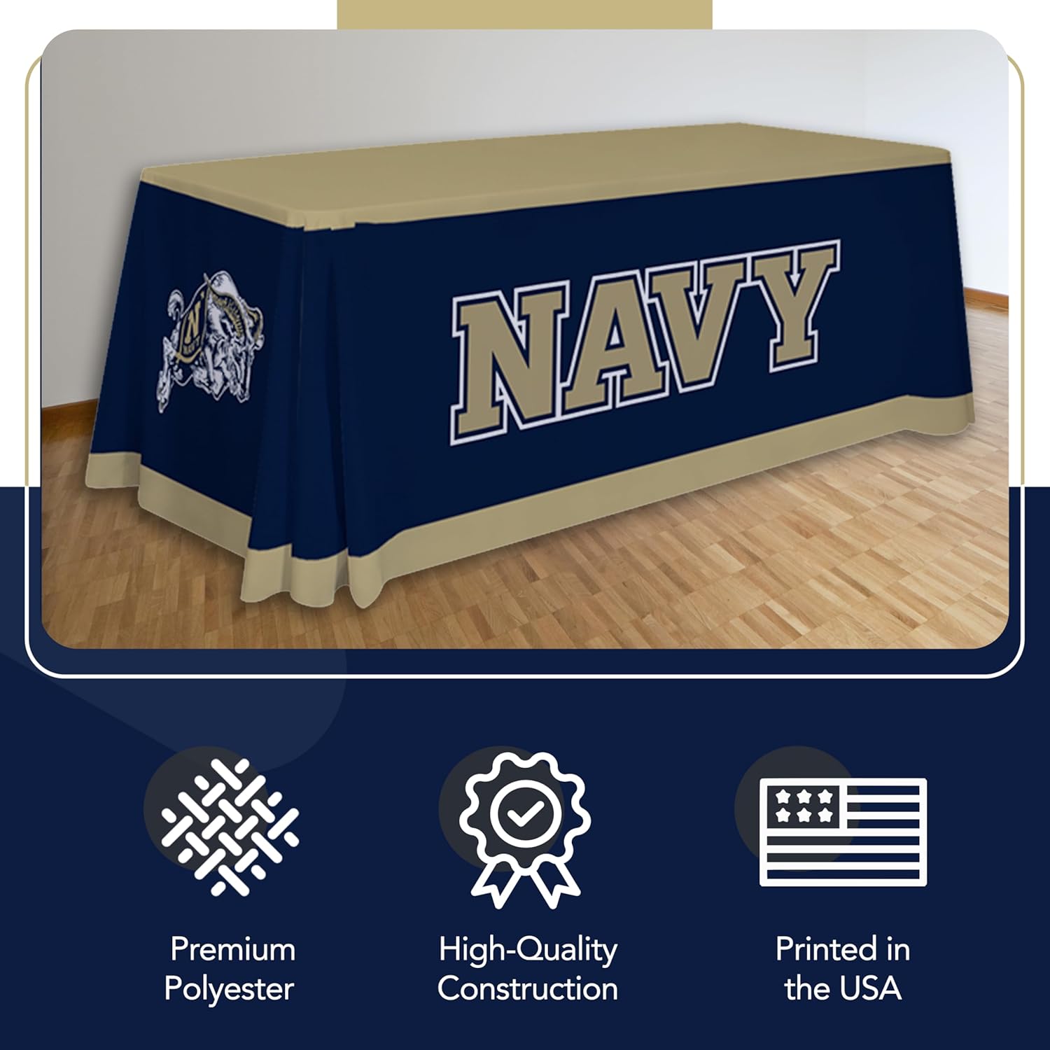 Navy Midshipmen College Sports Printed Table Throw - NCAA Licensed - Polyester - School Tablecloth (6' Draped) (Gold, Navy Blue)