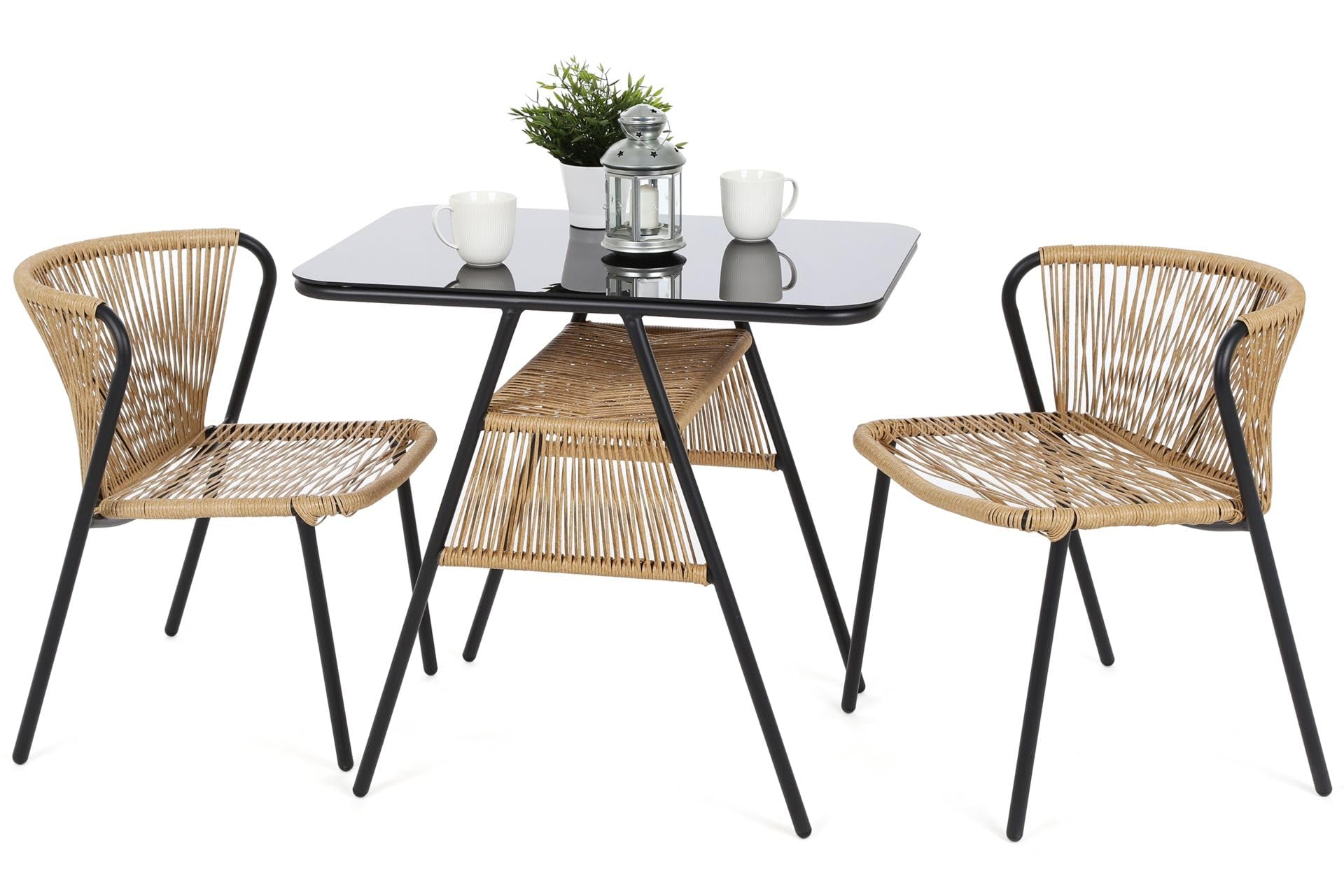 Megashopitalia Set Bistrot da Giardino Richiudibile Due Poltrone Tavolino con Piano in Vetro Impilabili a Scomparsa Salvaspazio
