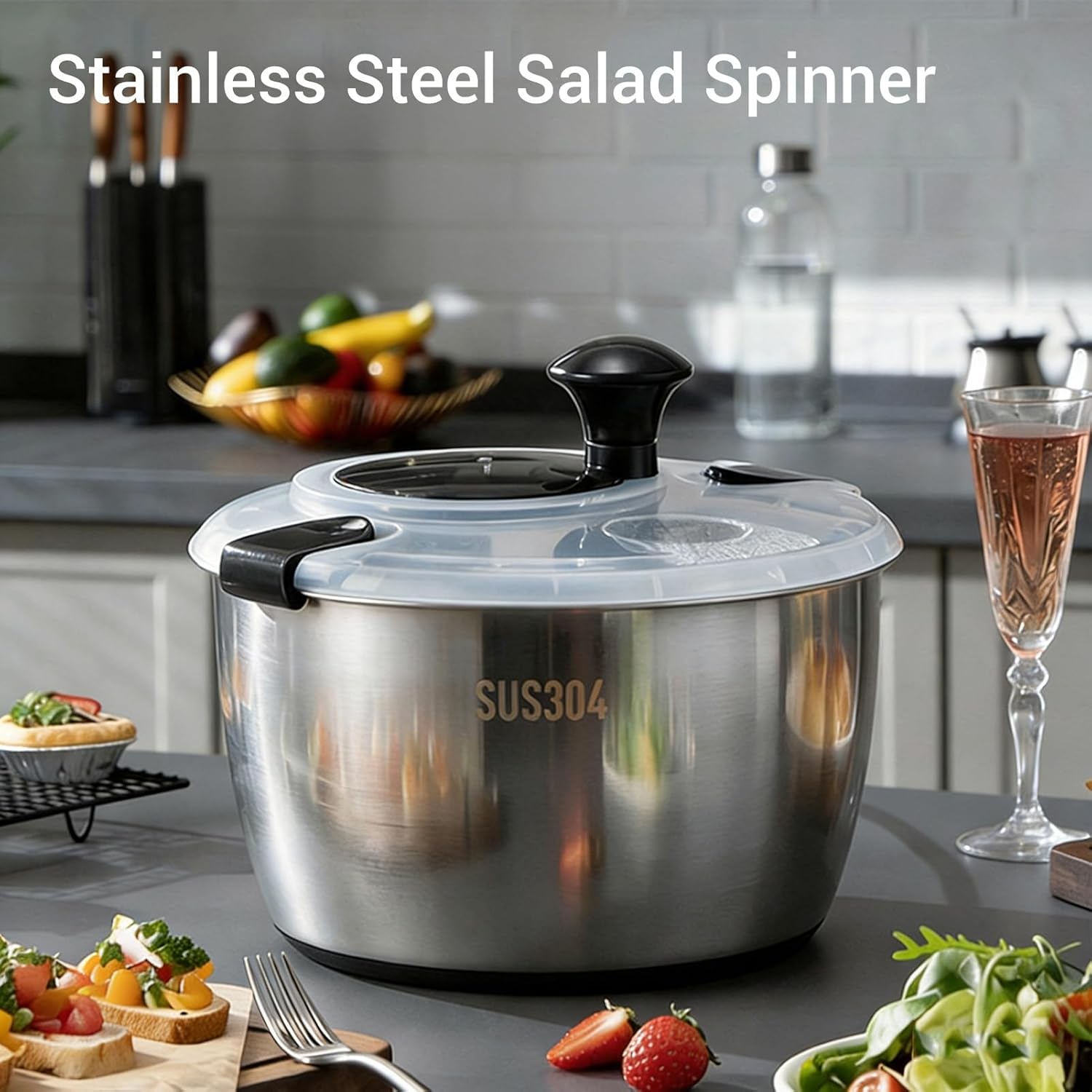 Diydeg Stainless Steel Salad Spinner, 5L Large Capacity Manual Lettuce Spinner, Multifunctional Vegetable Washer with Crank Design, Drain and Lid for Kitchen and Household