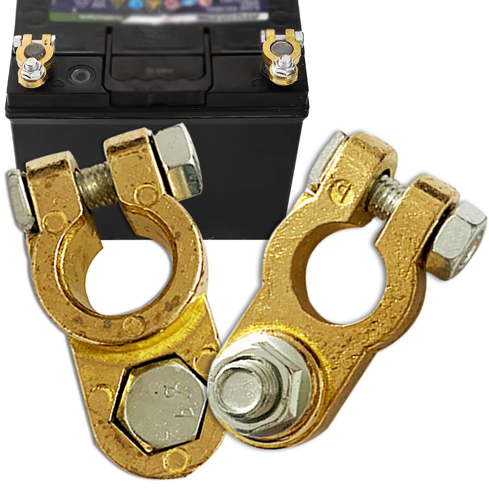 2 PCS Cable Terminals Top Post, Brass Cable Terminal, Cable Termination Connectors, Top Post Terminals Clamp Set, for Marine, Car, Boat (Gold)