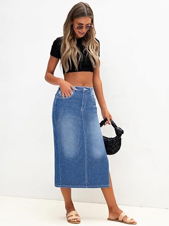 HDLTE Denim Maxi Skirt for Women Casual Jean Skirts with Side Spilt High Waisted Denim Skirts Fashion Womenswear