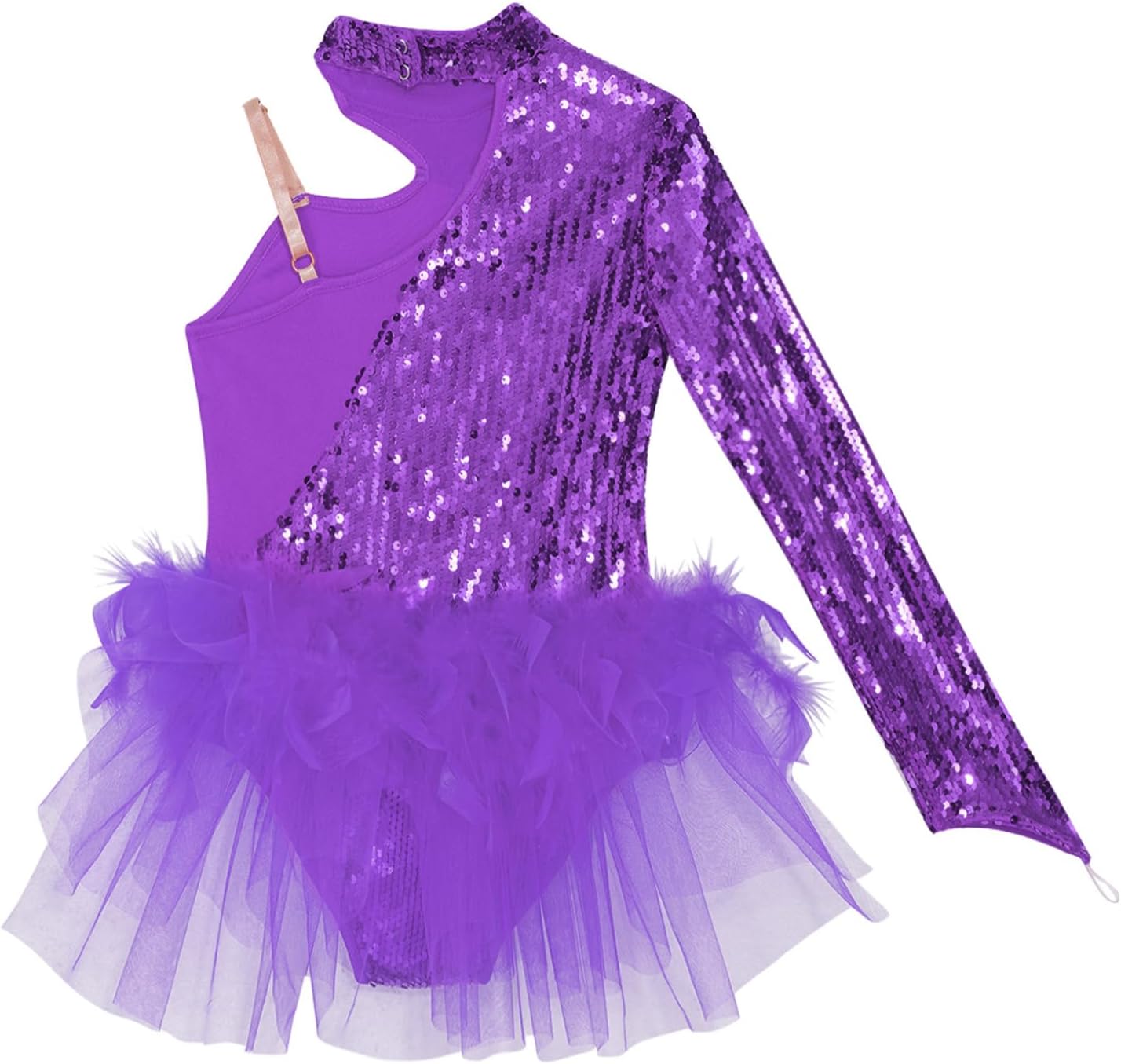 JanJean Kids Girls Sequins Ballet Feather Tulle Skirted Leotard Unitard One Shoulder Latin Jazz Modern Dance Costume