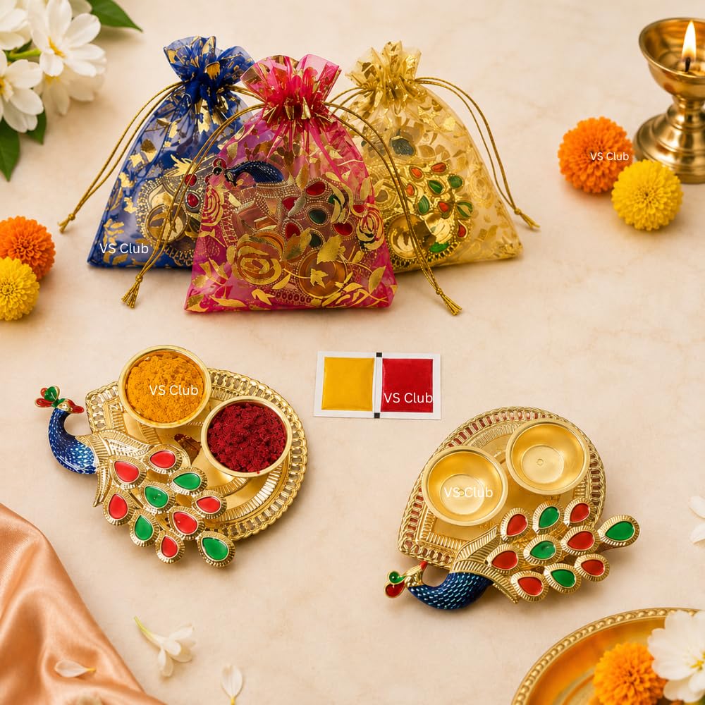 10 Piece Leaf Shape Peacock Thamboolam Set With Pasupu Kumkum- Fancy Golden Leaf Style Set Combo With Haldi Kumkum multi-colour (10)-image-49