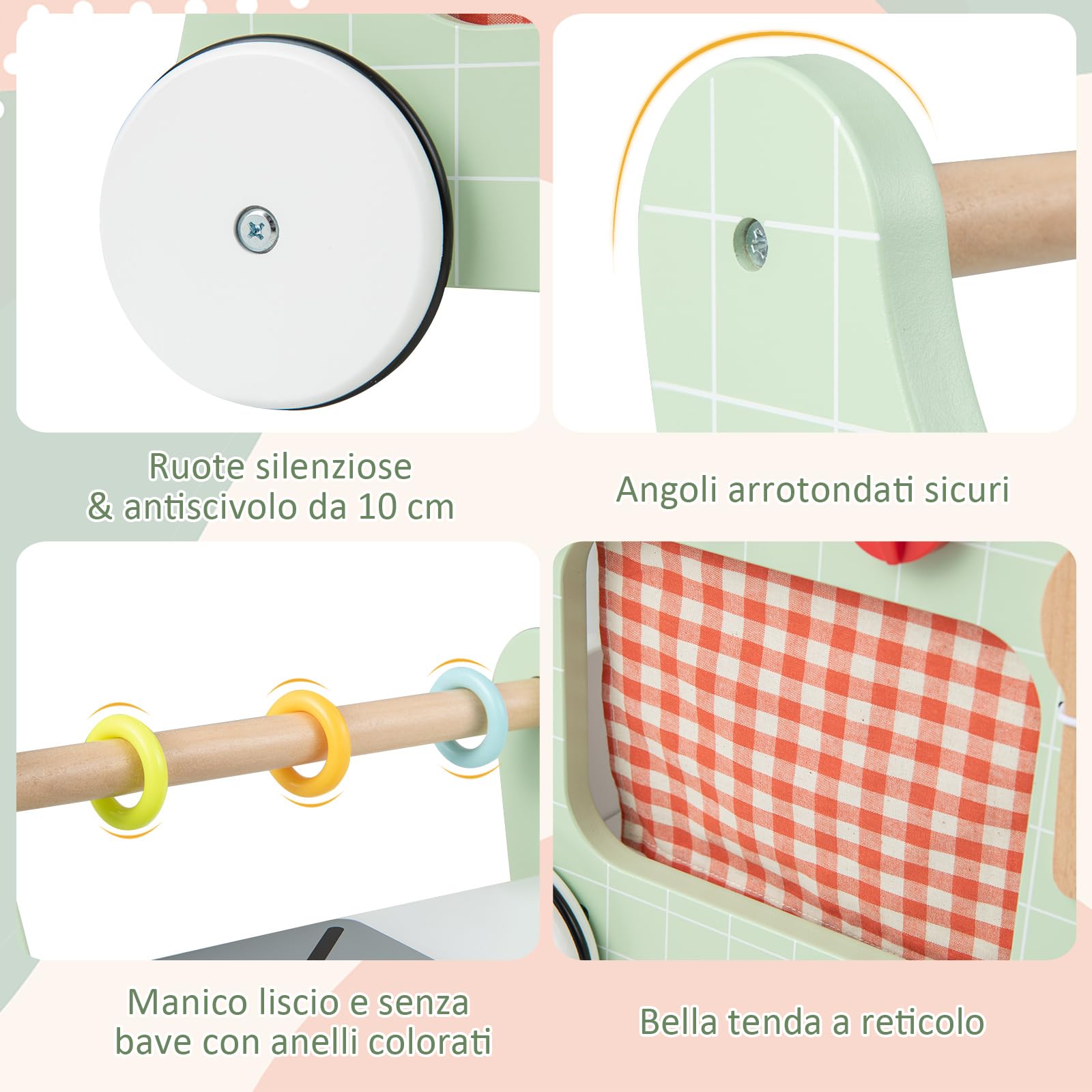 COSTWAY Carrello Primi Passi in Legno per Bambini, Centro Attività Montessori con Giacattoli, Gioco Educativo con Ruote, Girello per Bambini 12 Mesi +, 31 x 34,5 x 42 cm (Verde)