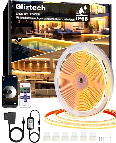 Gliztech 15M Tira LED COB impermeable IP68, 2700K Autoadhesiva Blanco Tira LED para exteriores con alimentación de 24V, 