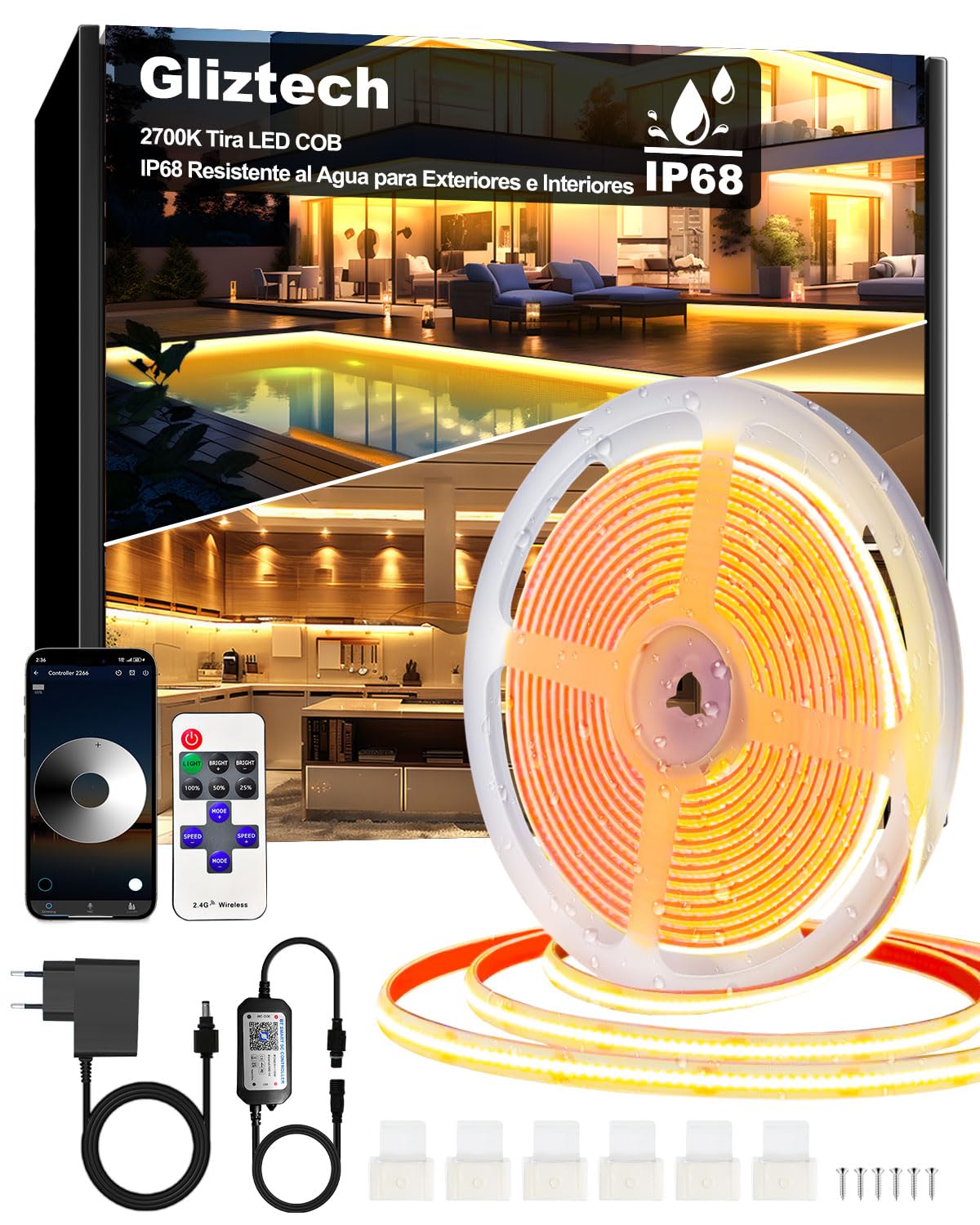 Gliztech 15M Tira LED COB impermeable IP68, 2700K Autoadhesiva Blanco Tira LED para exteriores con alimentación de 24V, BT APP y Control Remoto para Aleros, Jardines, Piscinas, Terrazas, Cocinas
