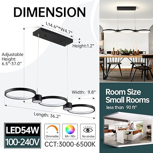 Miniatura 5 de Lámpara de araña LED moderna regulable con control remoto, moderna lámpara colgante LED sobre mesa de cocina, luz de techo colgante de 3000 a 6000 K