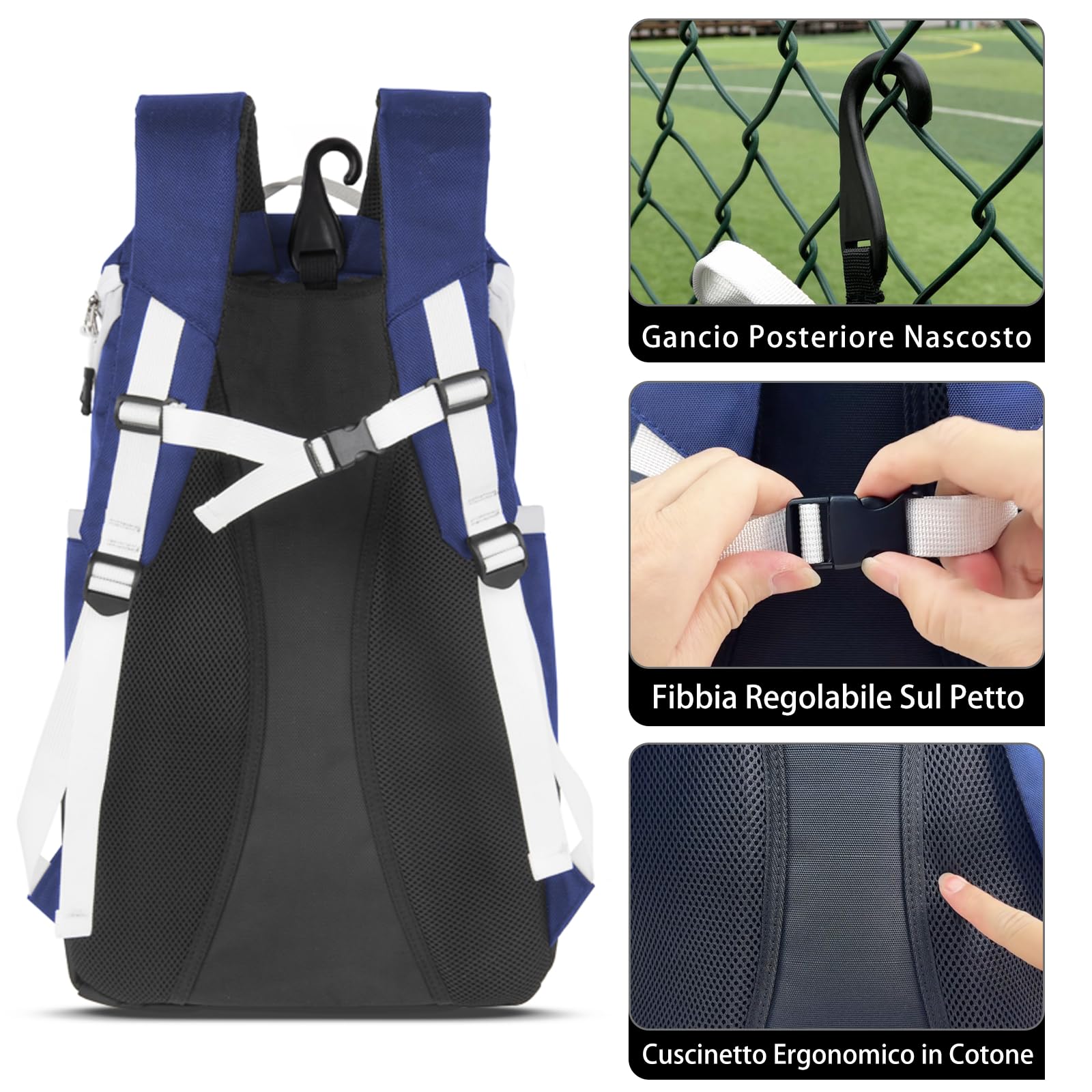 KINGSLONG Zaino da pallacanestro, grande capacità, con scomparto per scarpe e ganci per recinzione, leggero, pallavolo, attrezzatura per racchette, caschi, cappelli, scarpe