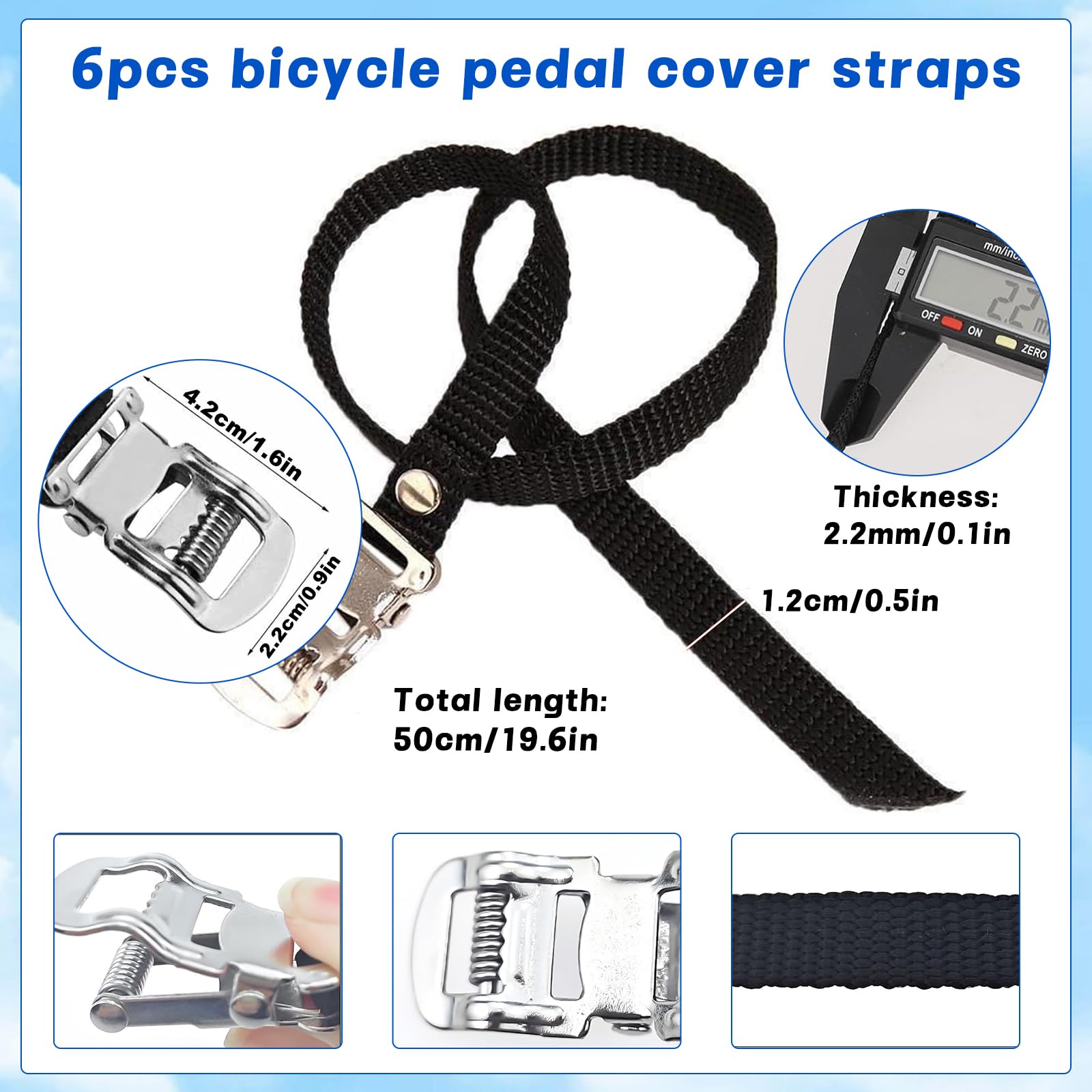 6 Pezzi Regolabile Bicicletta Cinghie Pedale, Piede Pedale Cinghie, Cinghie per Pedali Della Bicicletta Nero per Attrezzi Fissi Mountain Bike Bici da Strada (50 CM / 19,68 Pollici)