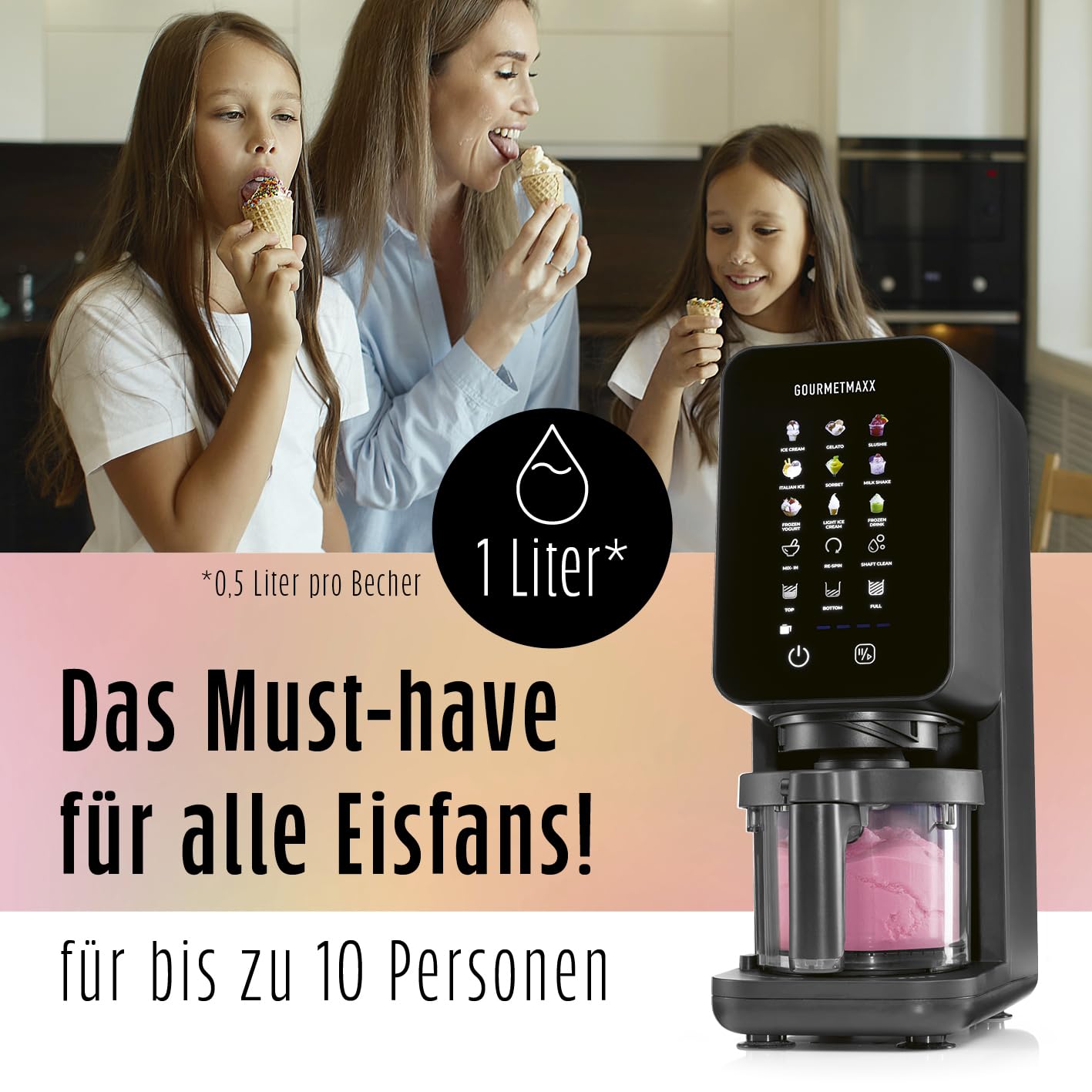 GOURMETmaxx SmoothUp Touch Eismaschine 700 Watt | Eismaschine 9 Programme + Mix-in-Funktion | Eiscreme-Maschine - Slushies & Eiscreme selber machen | Speiseeisbereiter LED Display, 2 Becher inklusive