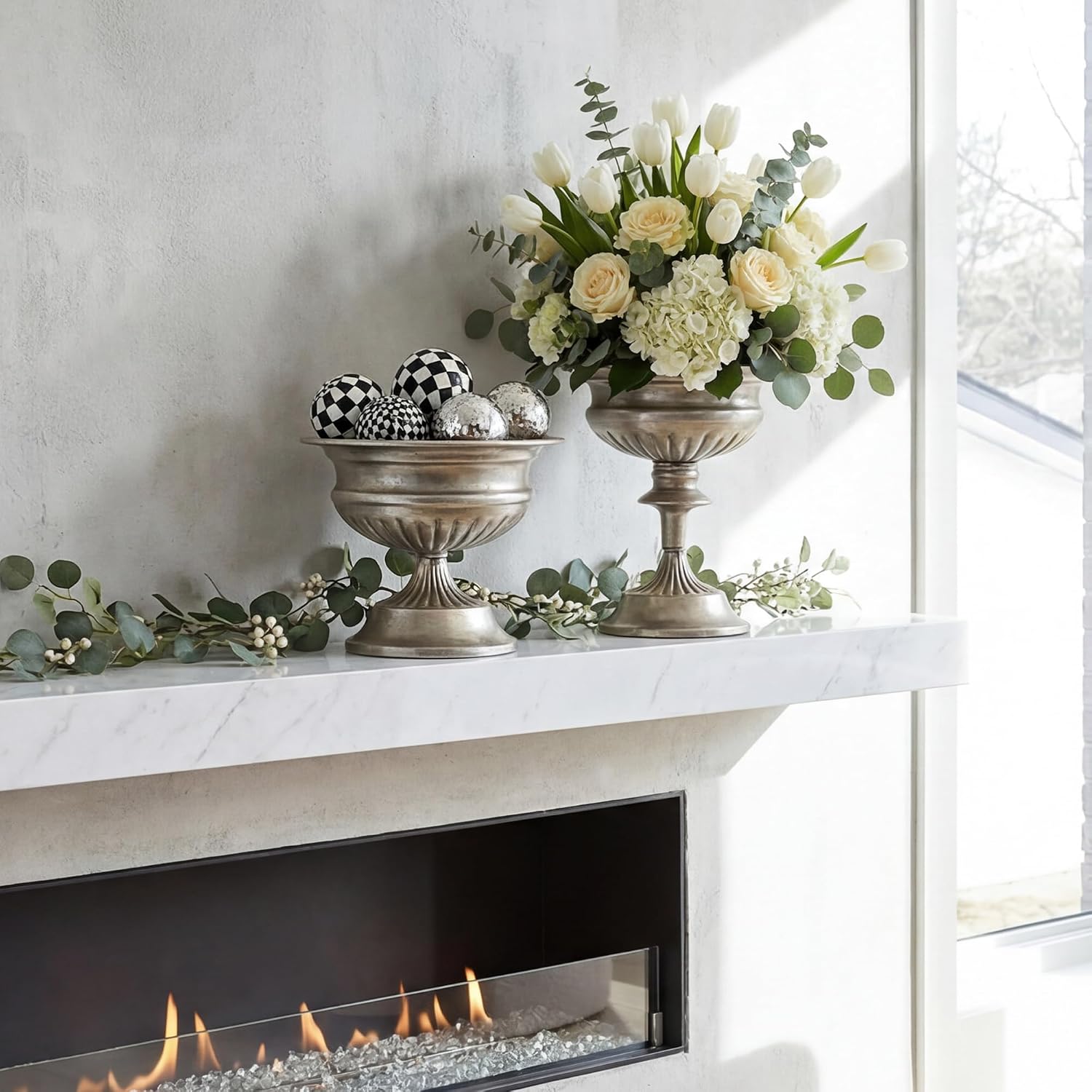 WORTH Silver Color Urn Vases for Centerpieces Set of 2 (Large:8.8" H. x 7.8" Dia. & Small:6.1" H. x 7.8" Dia.), Classic Metal Trumpet Flower Pots for Table, Bowl Vase for Wedding Party Event Home Deco