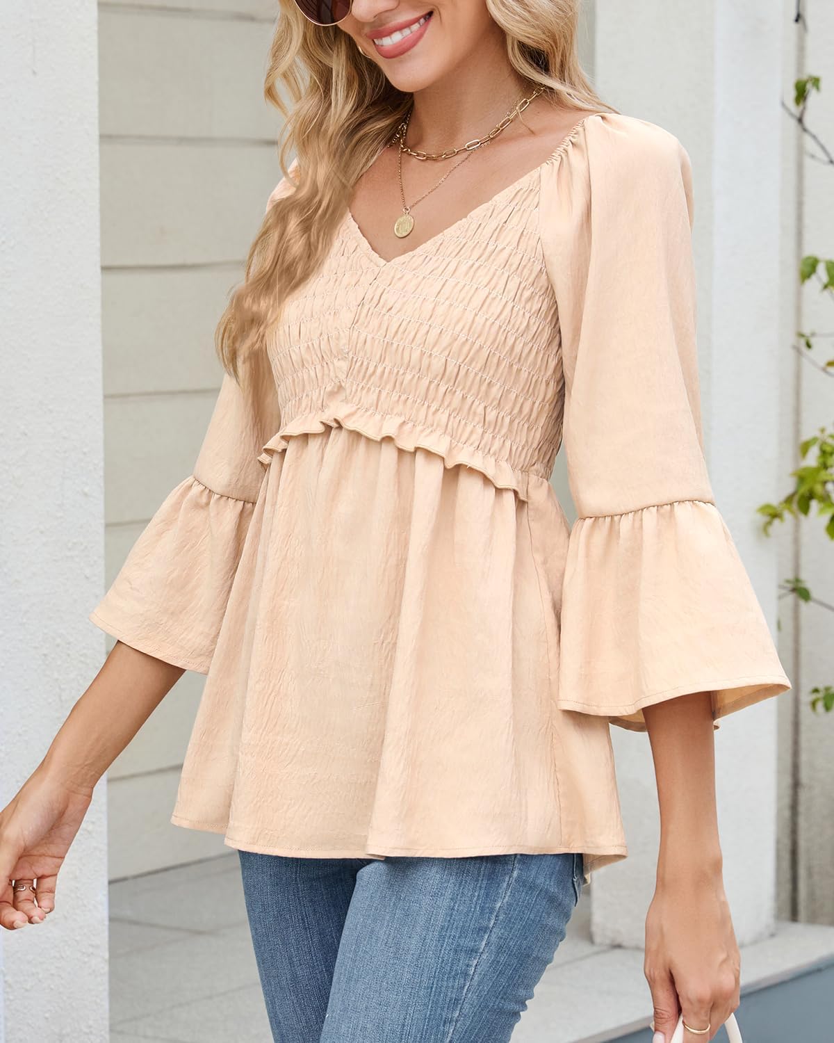 Womens Ruffle 3/4 Sleeve Babydoll Tops V Neck Peplum Blouse Smocked Loose Fit Tunic Top Bell Sleeve Dressy Tee Shirts - Image 4