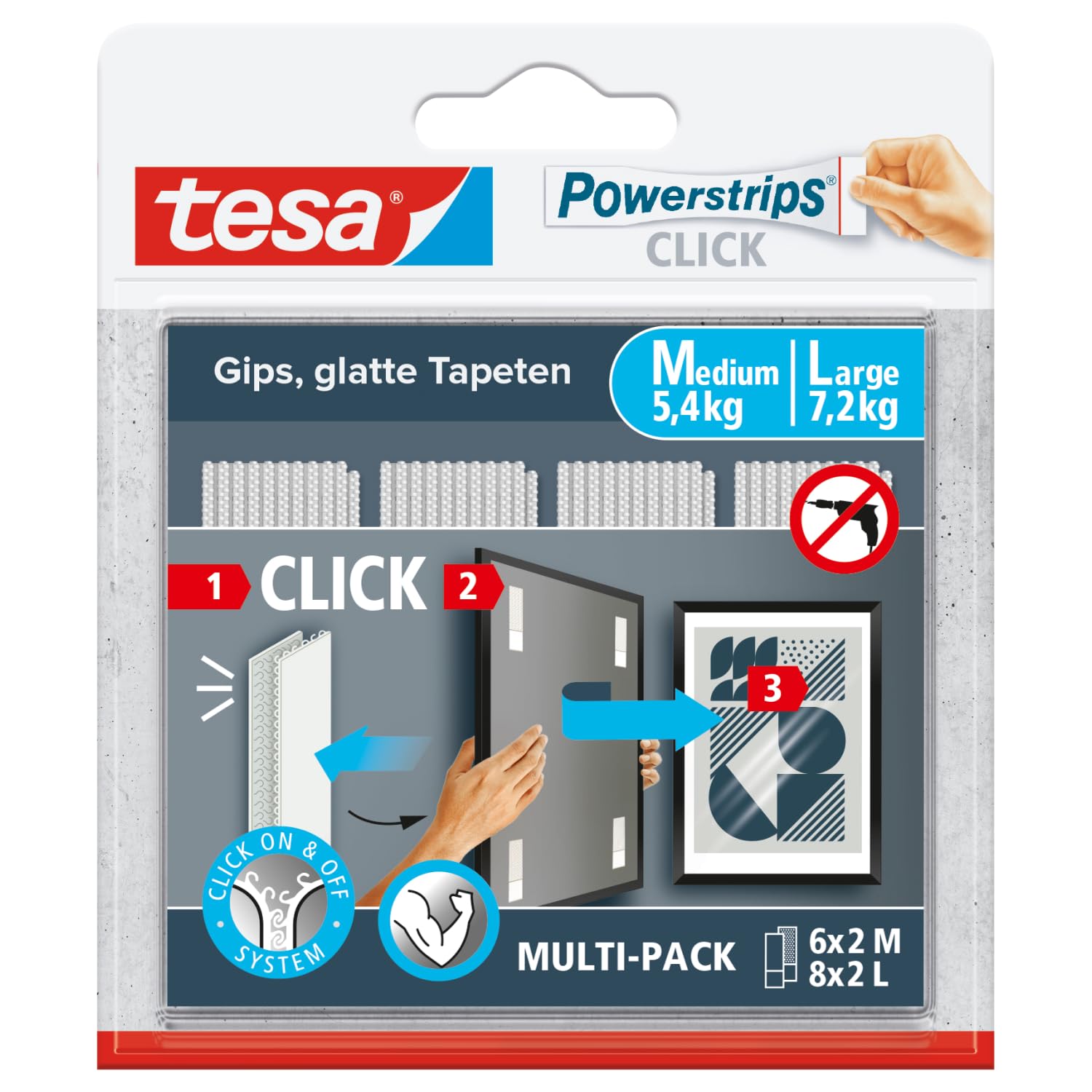 tesa Powerstrips Click Velcro Adhesive Pads for Clicking on and Off Picture Frames and Wall Decorations No Drilling Required Self-Adhesive Velcro Strips with On and Off Click System 6 x 2 m, 8 x 2 L