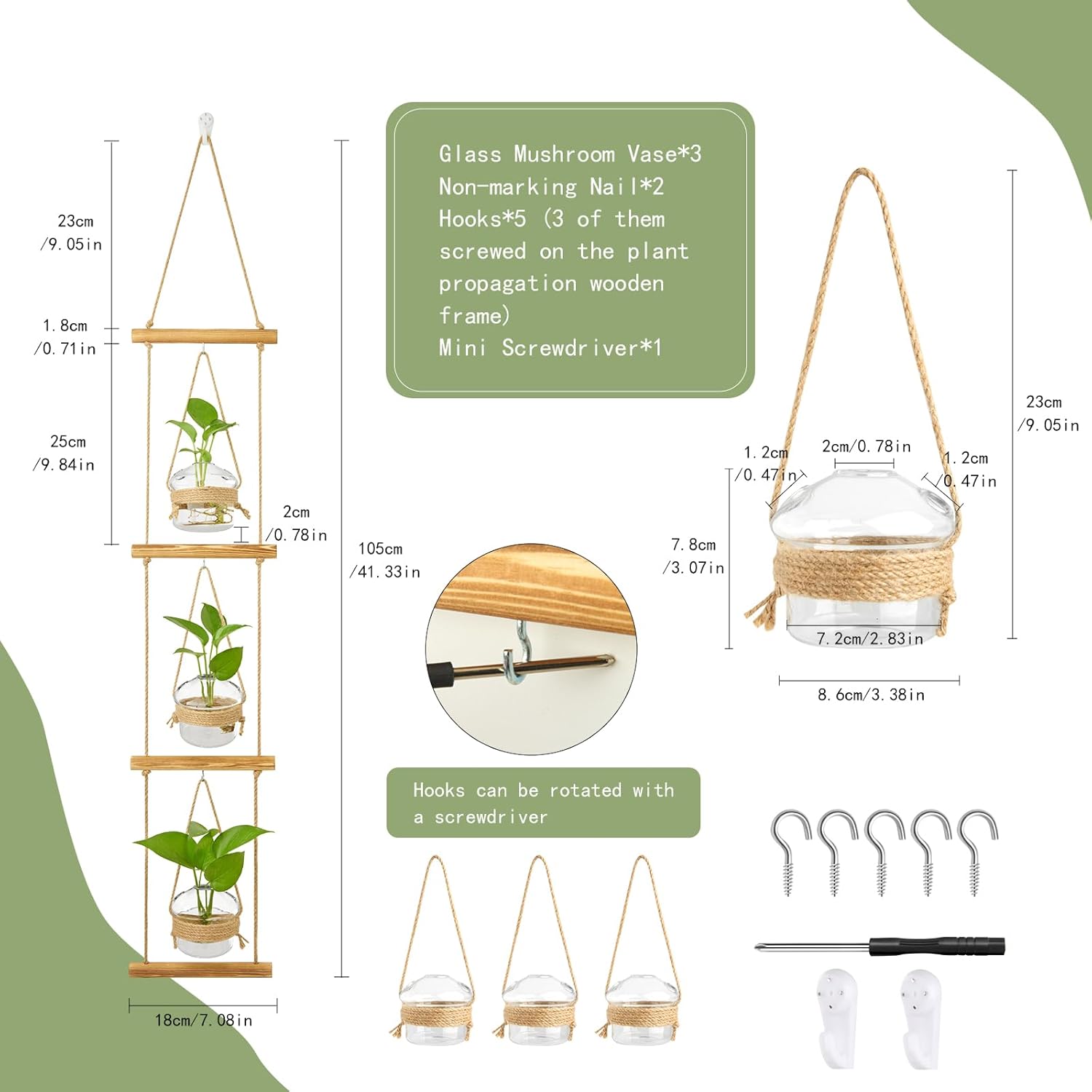 XXXFLOWER Wall Hanging Propagation Station with Glass Test Tubes+3 Tiers Mushroom Glass Vase Wall Planter