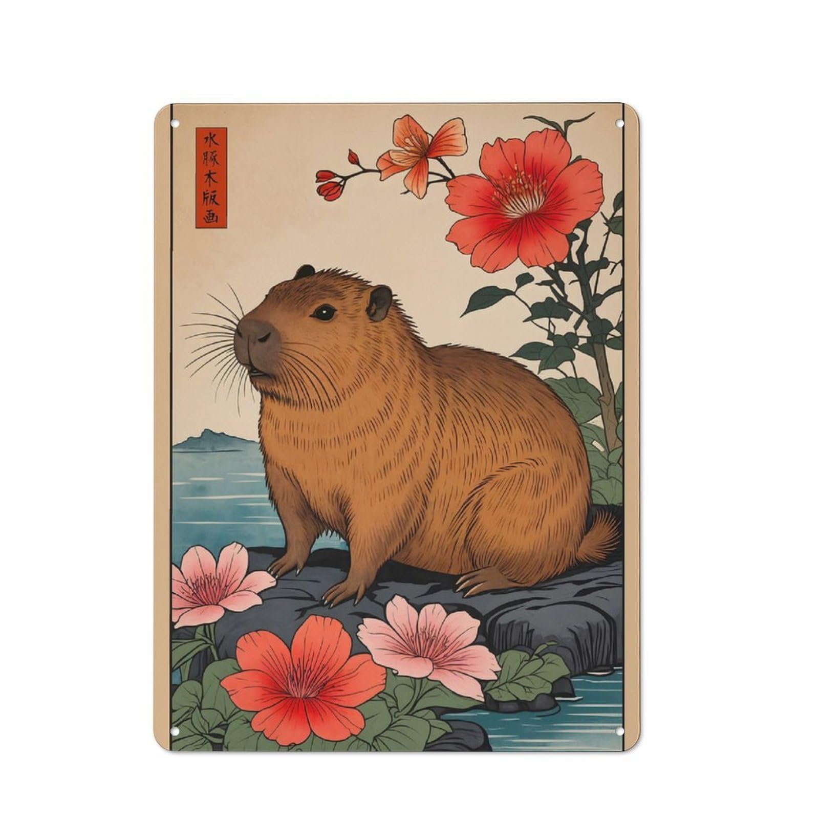 Tin Wall Sign with Capybara Japanese Art Design 40x30cm, Classic Diner Style Decor for Bakery, Diner, Cafe Or Family Room