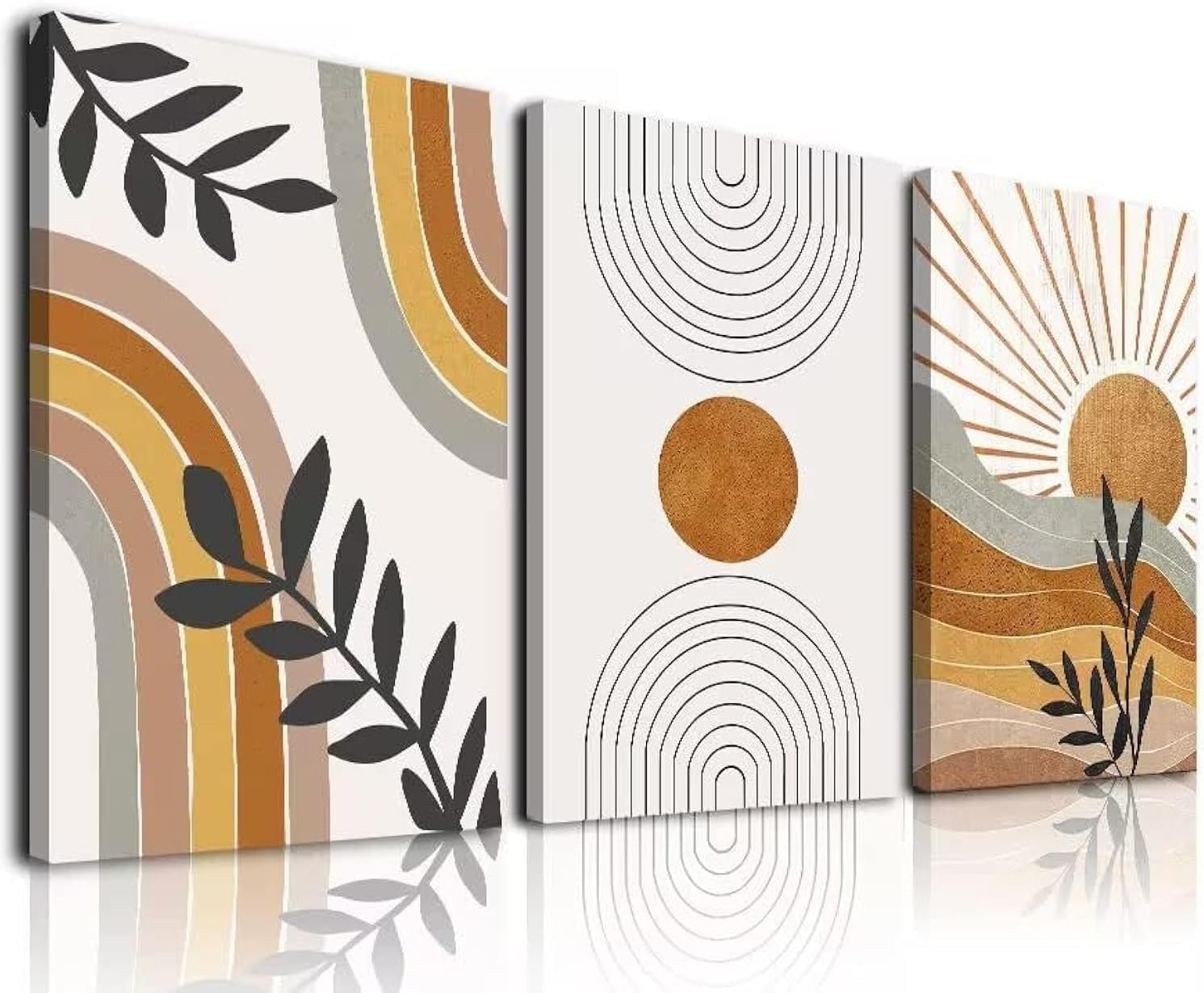 Boho Wall Art Set of 3, Boho Room Decor, Mid-Century Modern Wall Art Prints, Framed Neutral Abstract Geometric Prints Orange Rainbow Sun Desert Minimalist Art Canvas Artwork 12" X 16" Ready To Hang