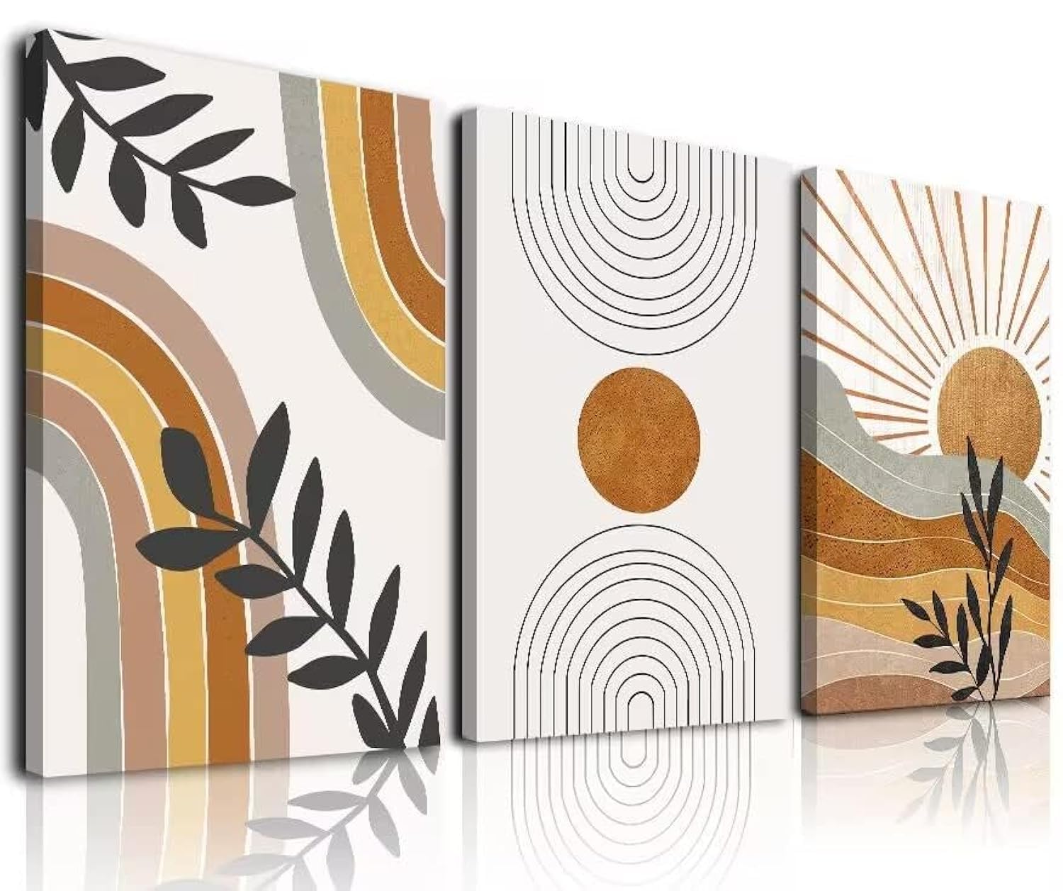 Boho Wall Art Set of 3, Boho Room Decor, Mid-Century Modern Wall Art Prints, Framed Neutral Abstract Geometric Prints Orange Rainbow Sun Desert Minimalist Art Canvas Artwork 12" X 16" Ready To Hang