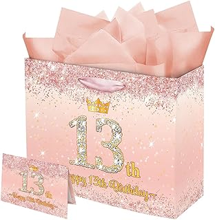 Vichona Rose Gold Happy 13th Birthday Gifts Bag for 13 Year Old Girls, 13th Birthday Decorations for Girls, 13 Year Old Girl Gifts Bag Card for Daughter Granddaughter Friends