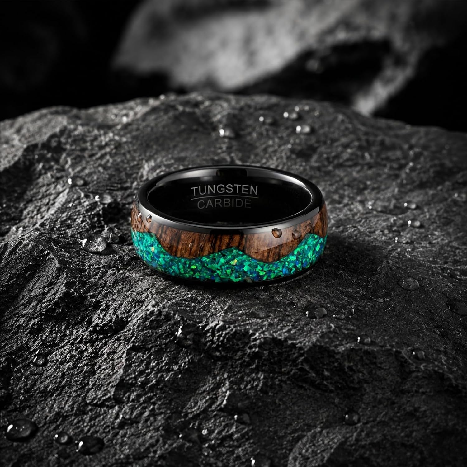 NUNCAD 8mm Tungsten Wedding Band for Men Green Opal & Koa Wood Inlay