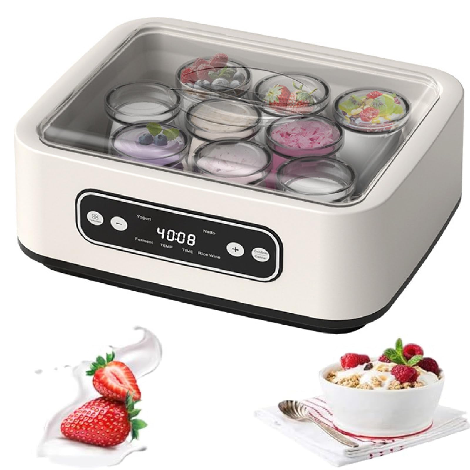 Yogurtera,1600ml Temperatura Constante Yogurtera con 9 Tarros De Vidrio, Pantalla LED + Control De Tiempo,para Yogur, Queso, Vino De Frutas