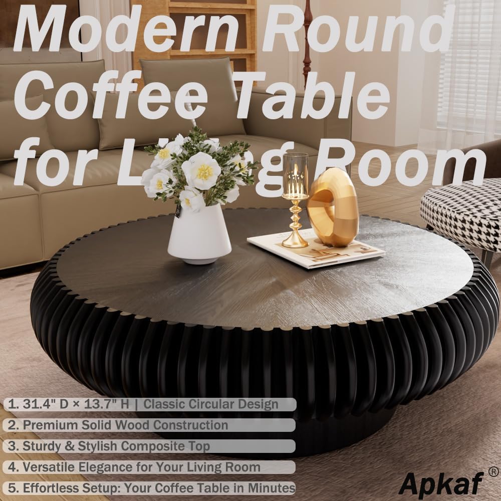 Round Coffee Table for Living Room Modern Solid Wood Fluted Design Coffee Tables with Sturdy Pedestal for Small Space Circle Center Table Accent Tea Table for Apartment, Easy Assemble (Black, 39.4)